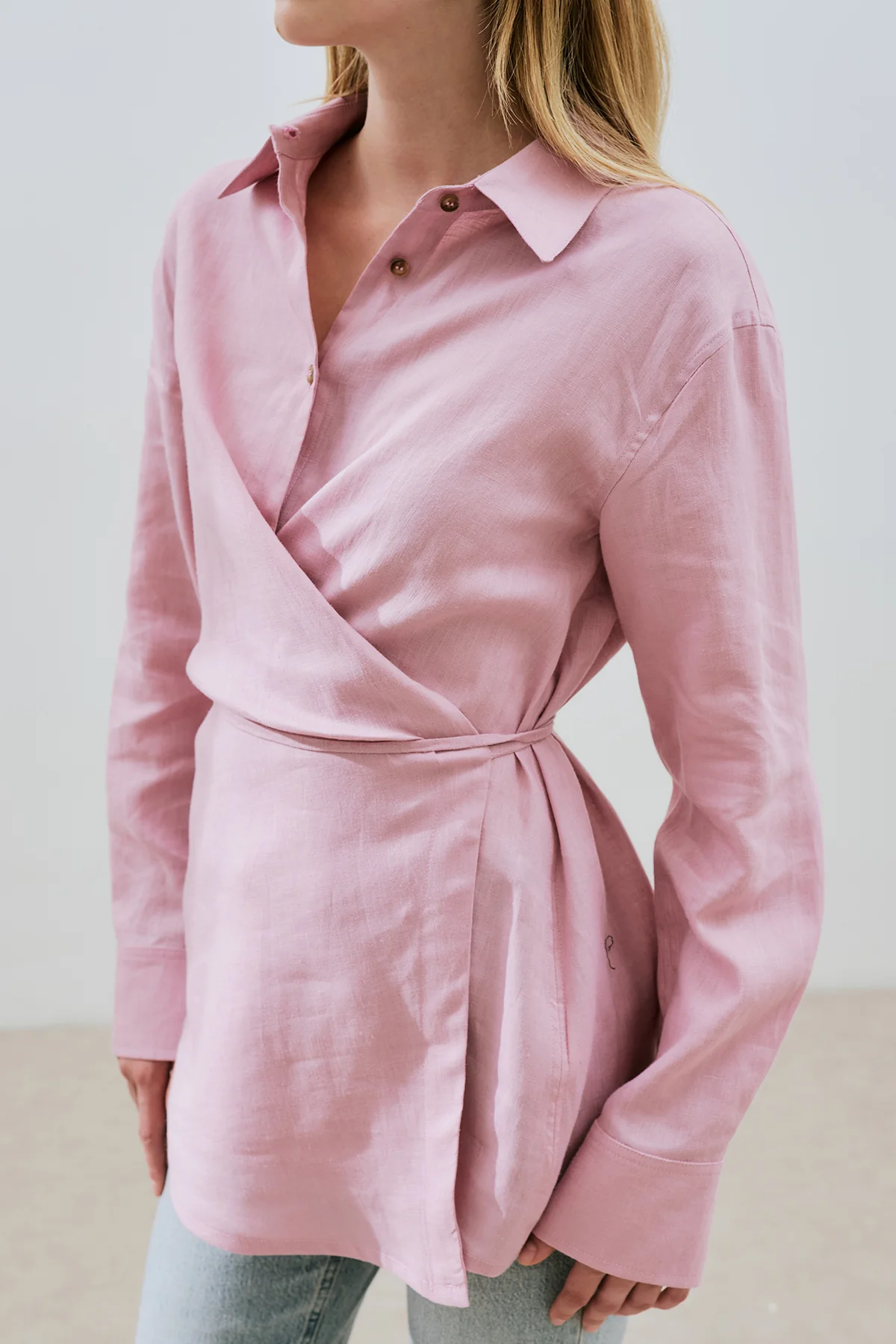 Linen Tie Detail Shirt Pink - Image 5