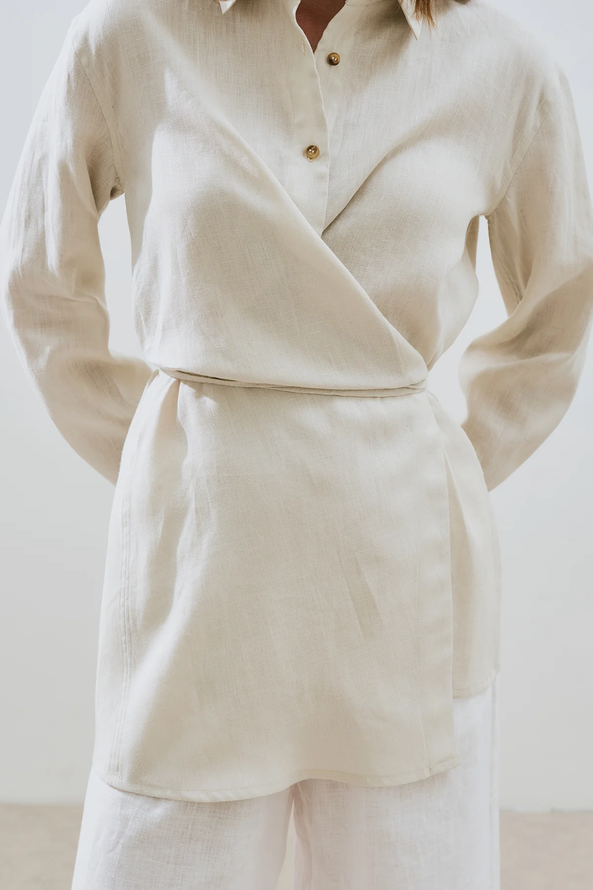 Linen Tie Detail Shirt Stone - Image 4