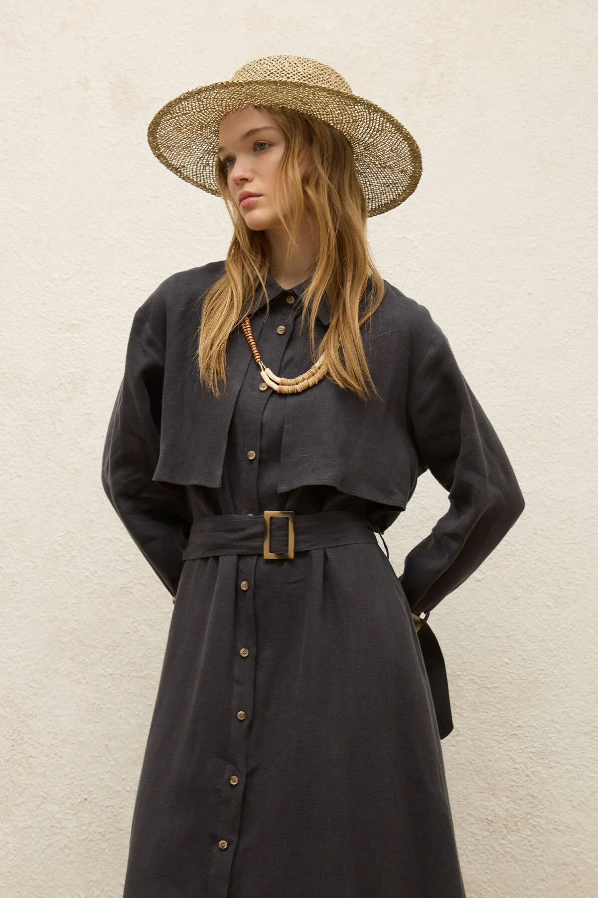 Linen Trench Style Dress Anthracite - Image 3