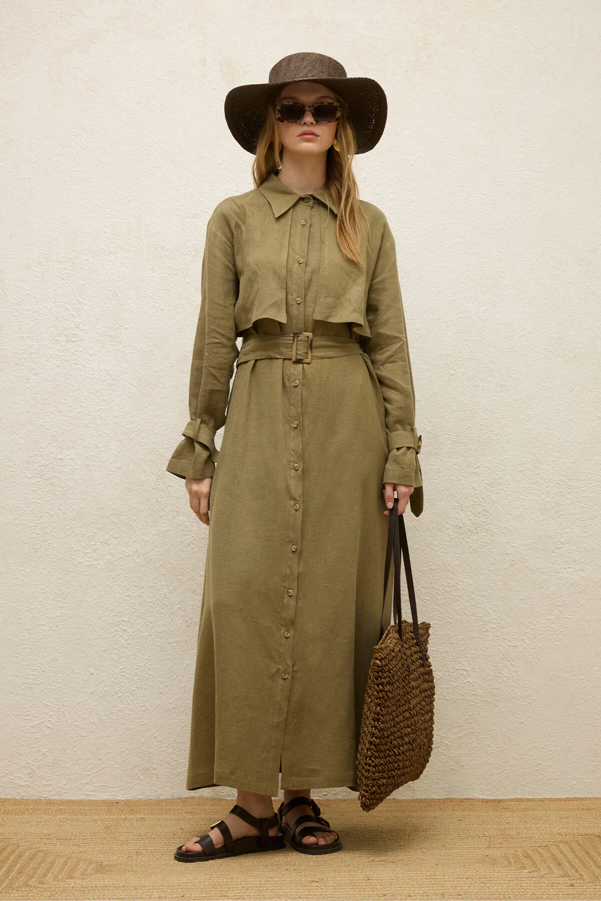 Linen Trench Style Dress Khaki - Image 2
