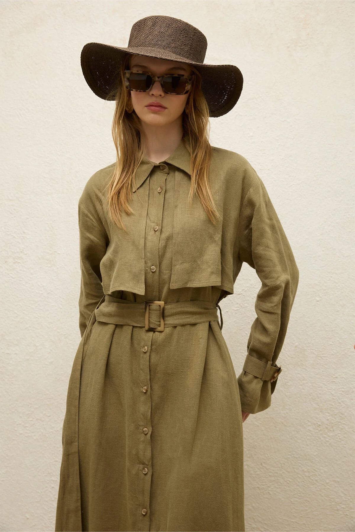Linen Trench Style Dress Khaki - Image 4