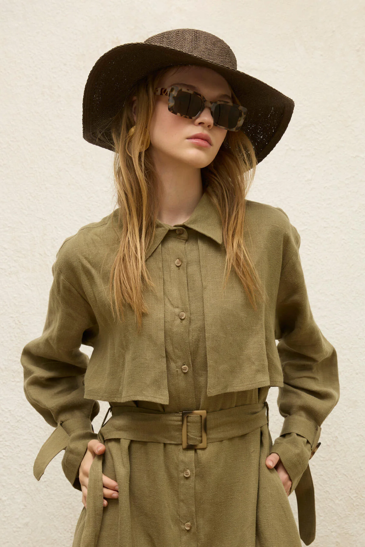 Linen Trench Style Dress Khaki - Image 6