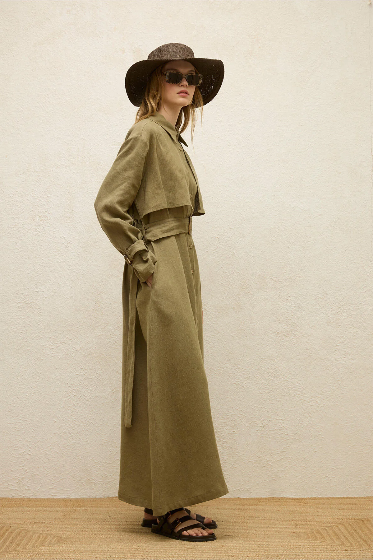 Linen Trench Style Dress Khaki - Image 7