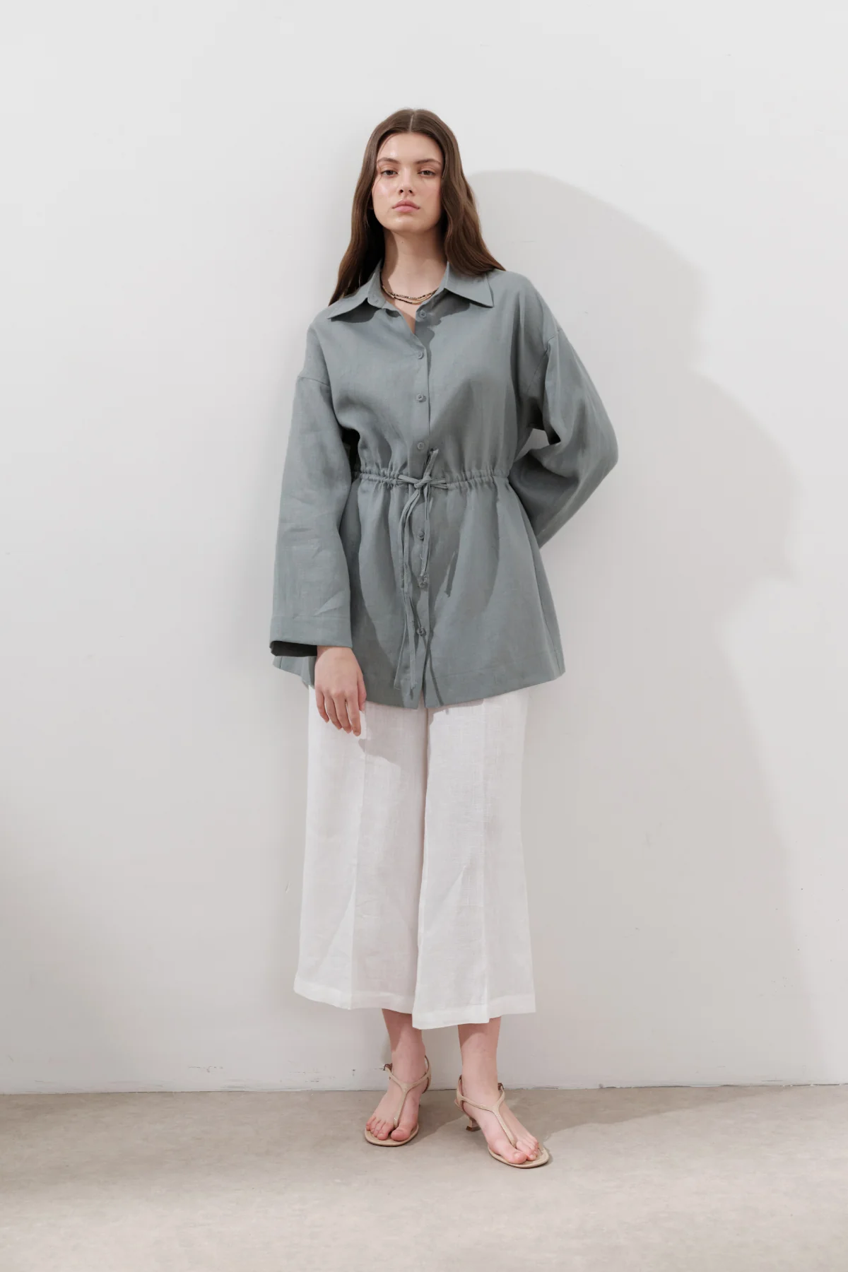 Linen Waist-Tie Tunic Blue - Image 2