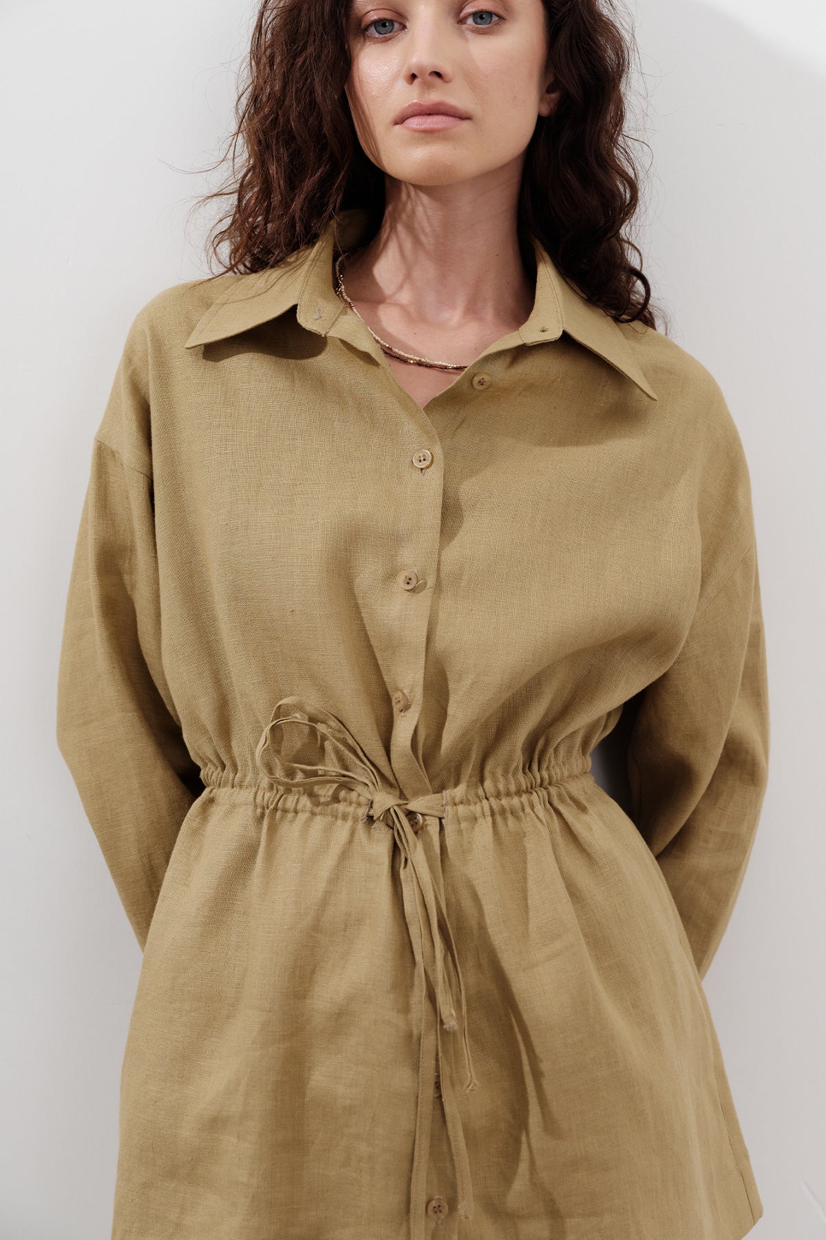 Linen Waist-Tie Tunic Curry - Image 5