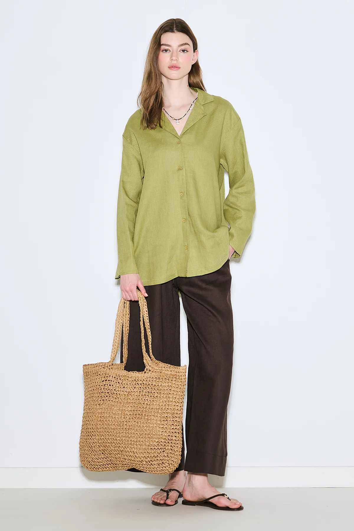 Linen Wide-Sleeve Shirt Apple Green