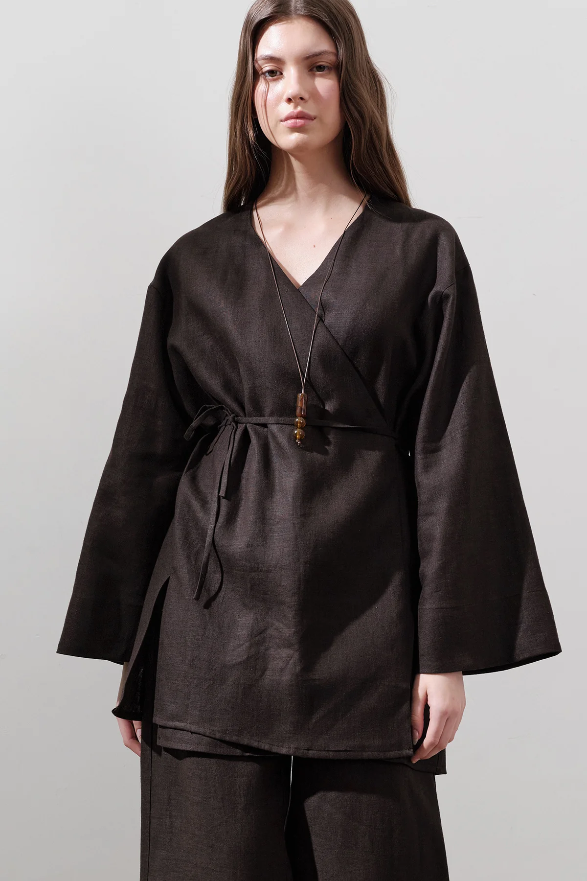 Linen Wrap Kimono Dark Brown - Image 3