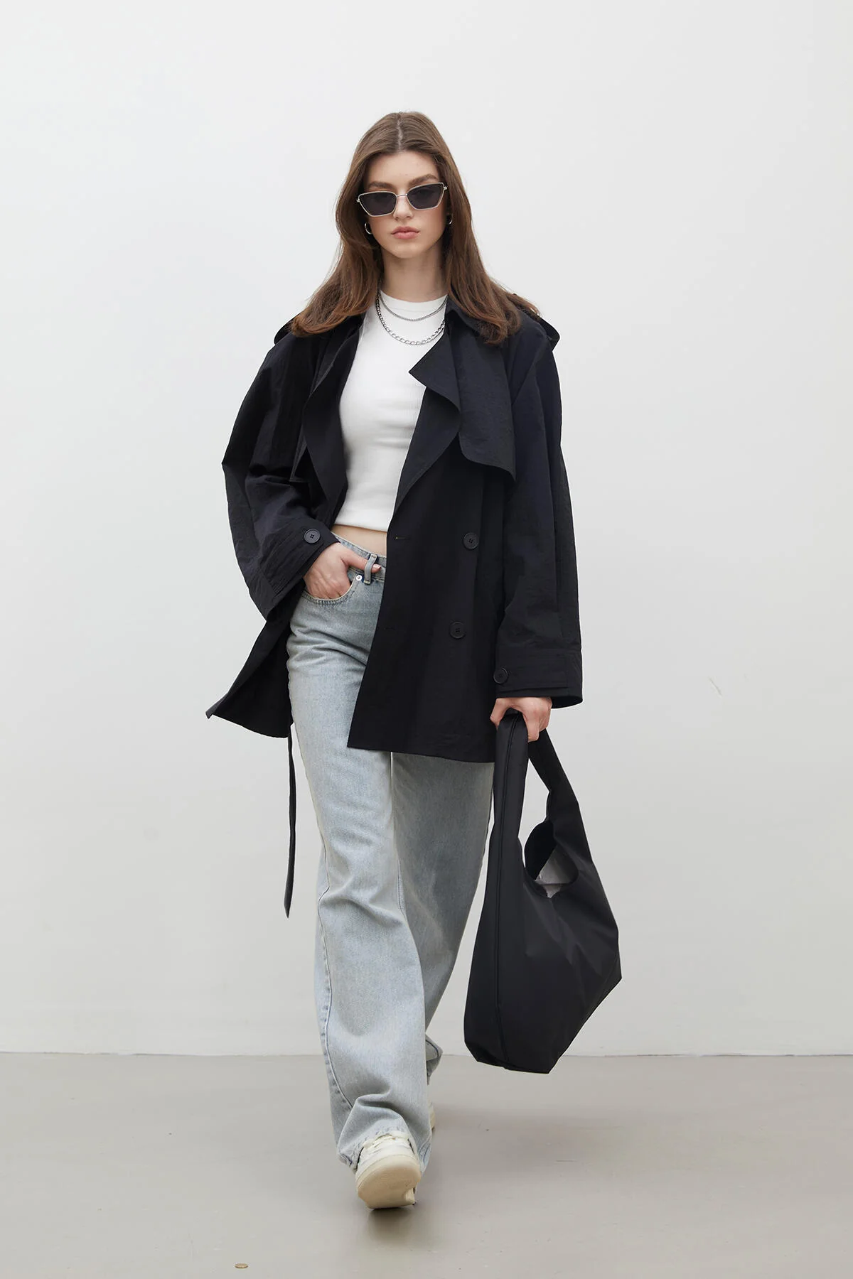 Lisbon Oversize Short Trench Coat Black - Image 3