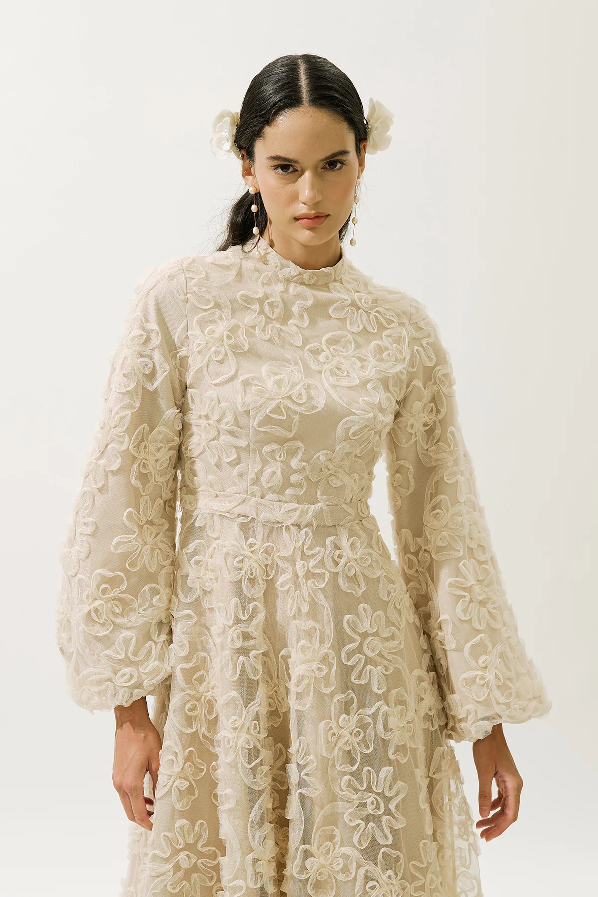 Long Sleeve Floral Volume Dress Pearl - Image 2