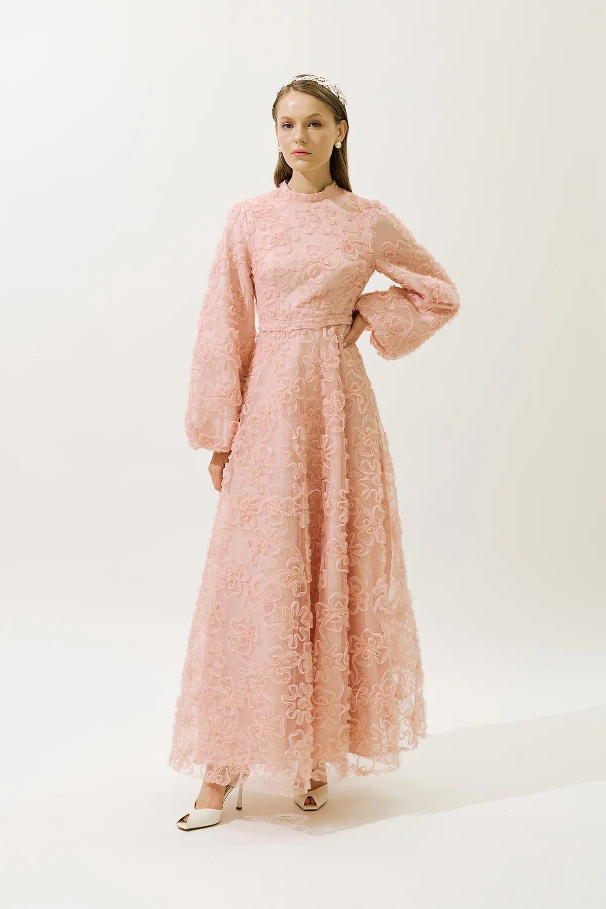 Long Sleeve Floral Volume Dress Powder - Image 3