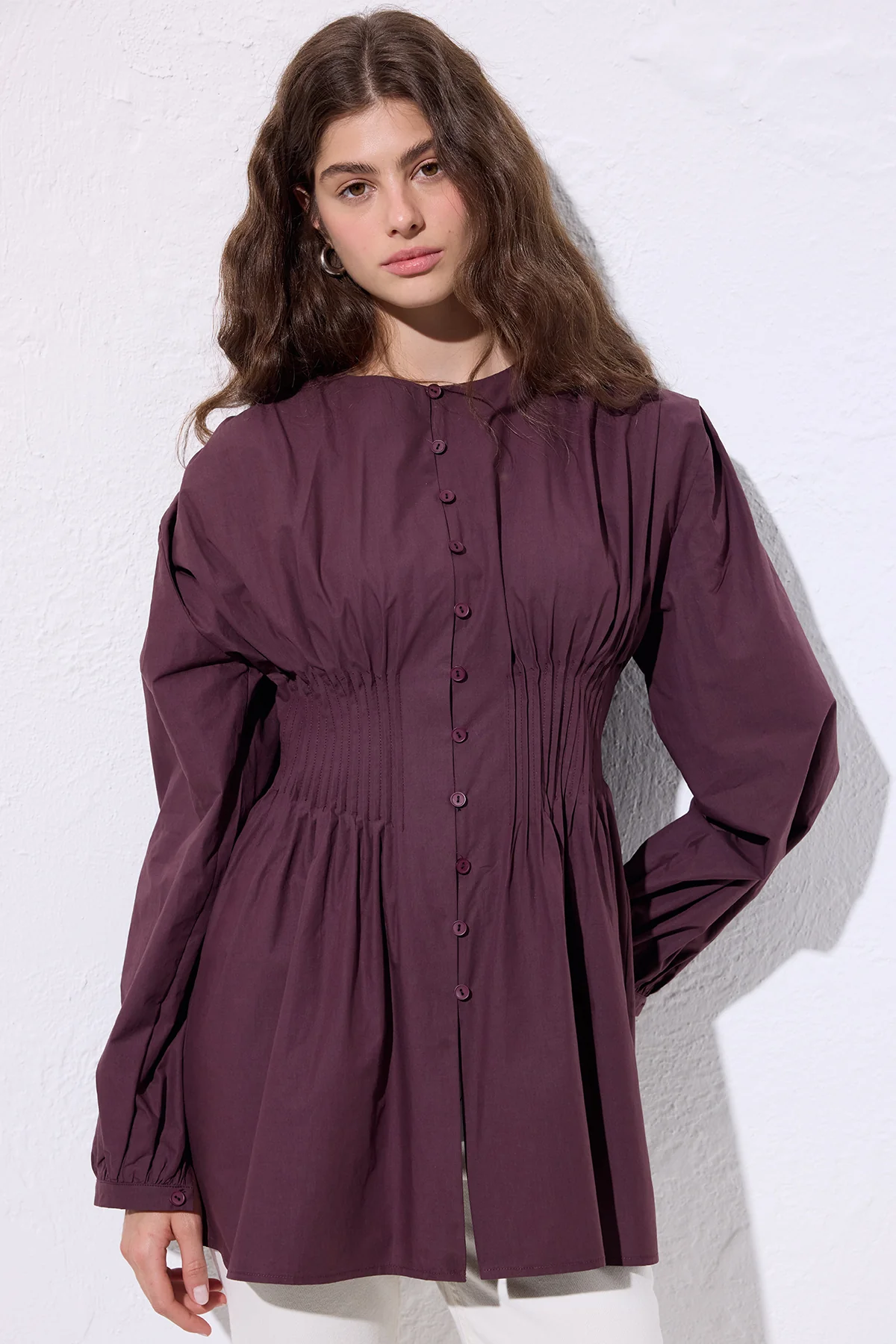 Long-Sleeve Pleated Blouse Damson - Image 4
