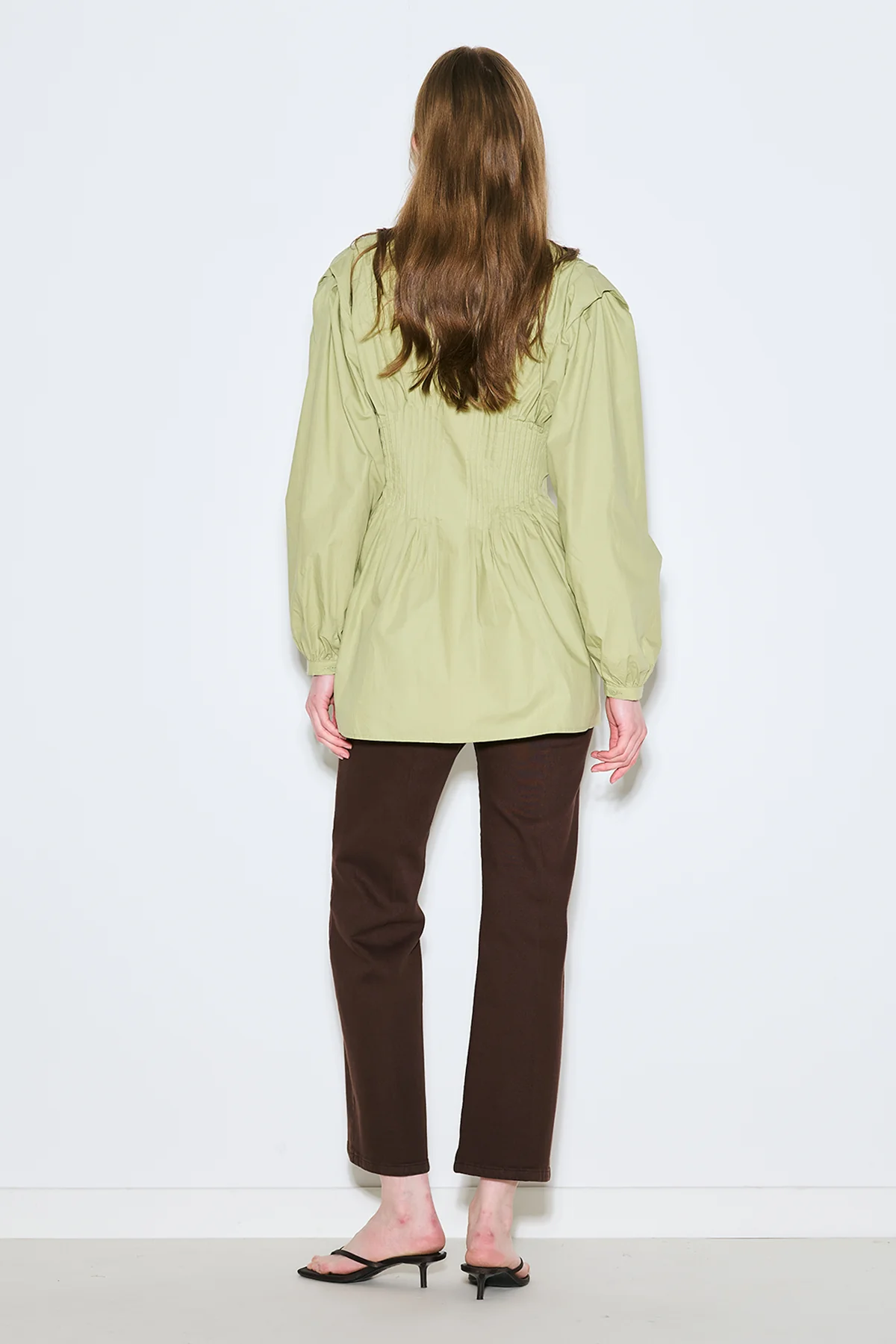 Long-Sleeve Pleated Blouse Green - Image 6