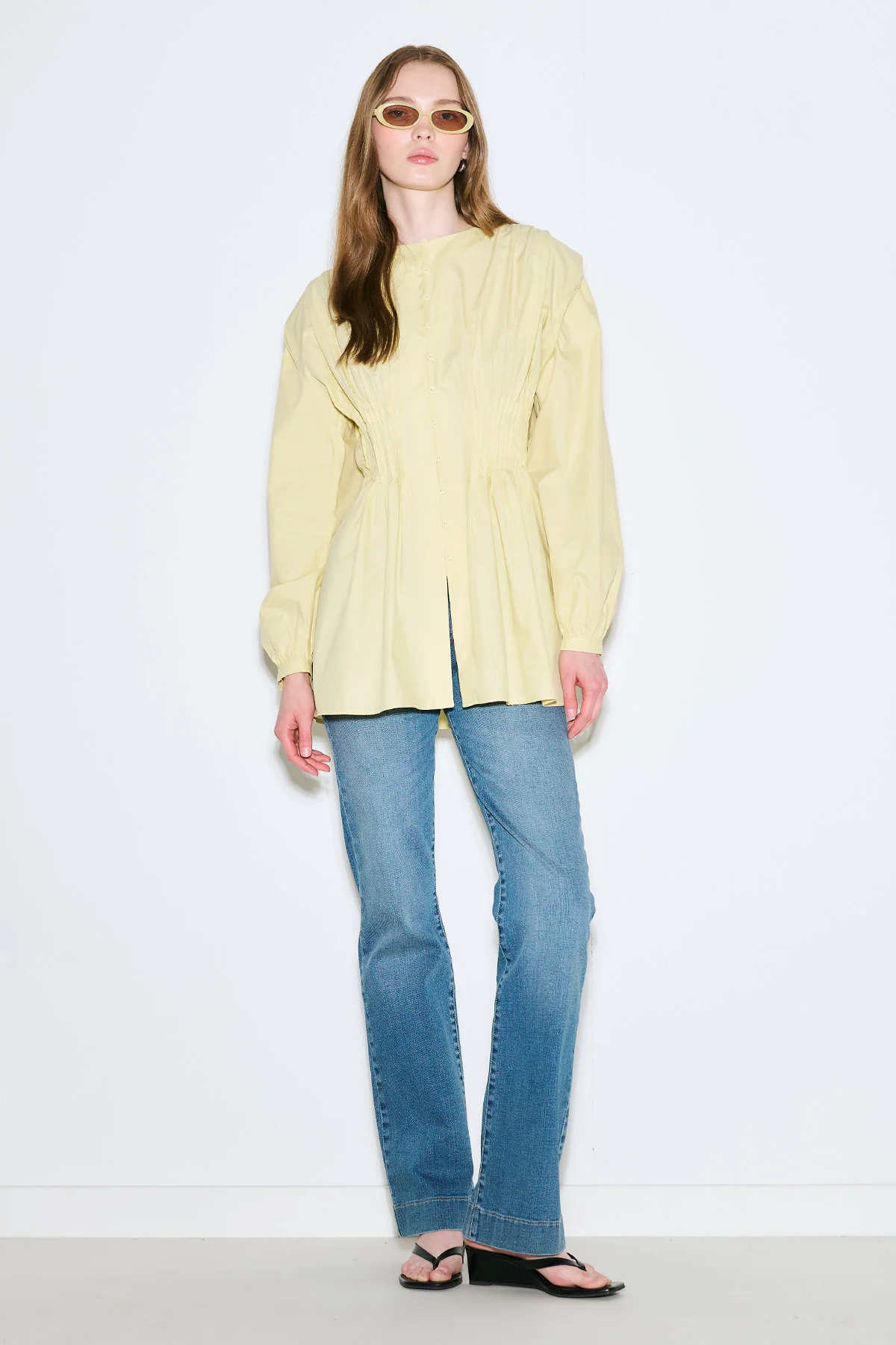 Long-Sleeve Pleated Blouse Yellow