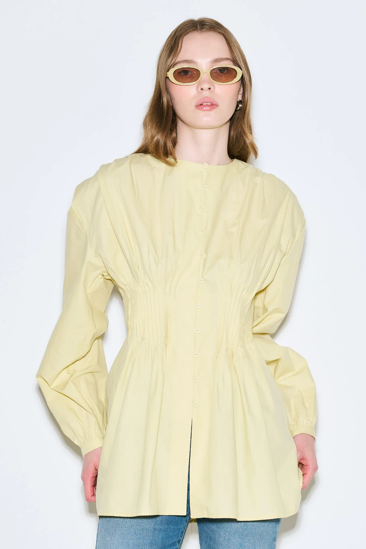 Long-Sleeve Pleated Blouse Yellow - Image 3