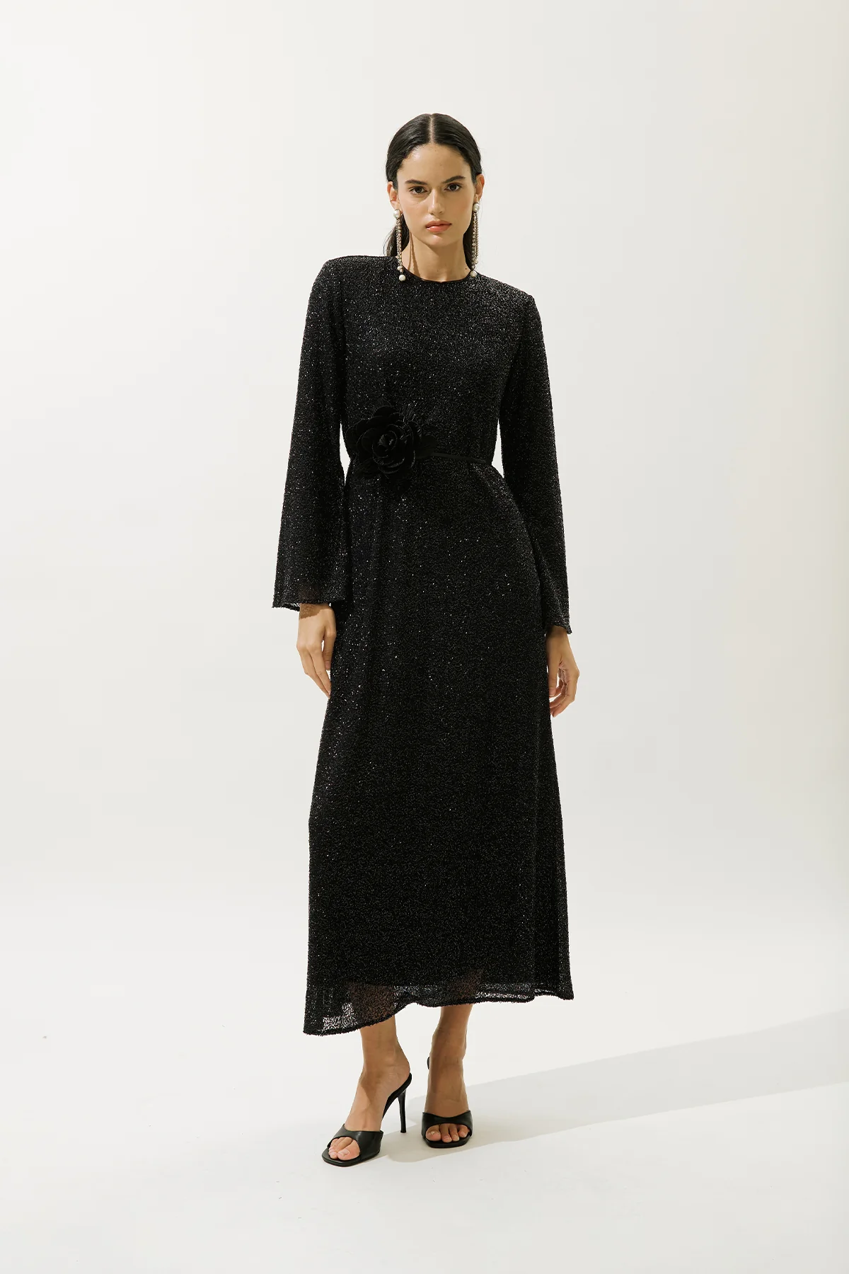 Long Sleeve Shimmer Evening Dress Black - Image 4