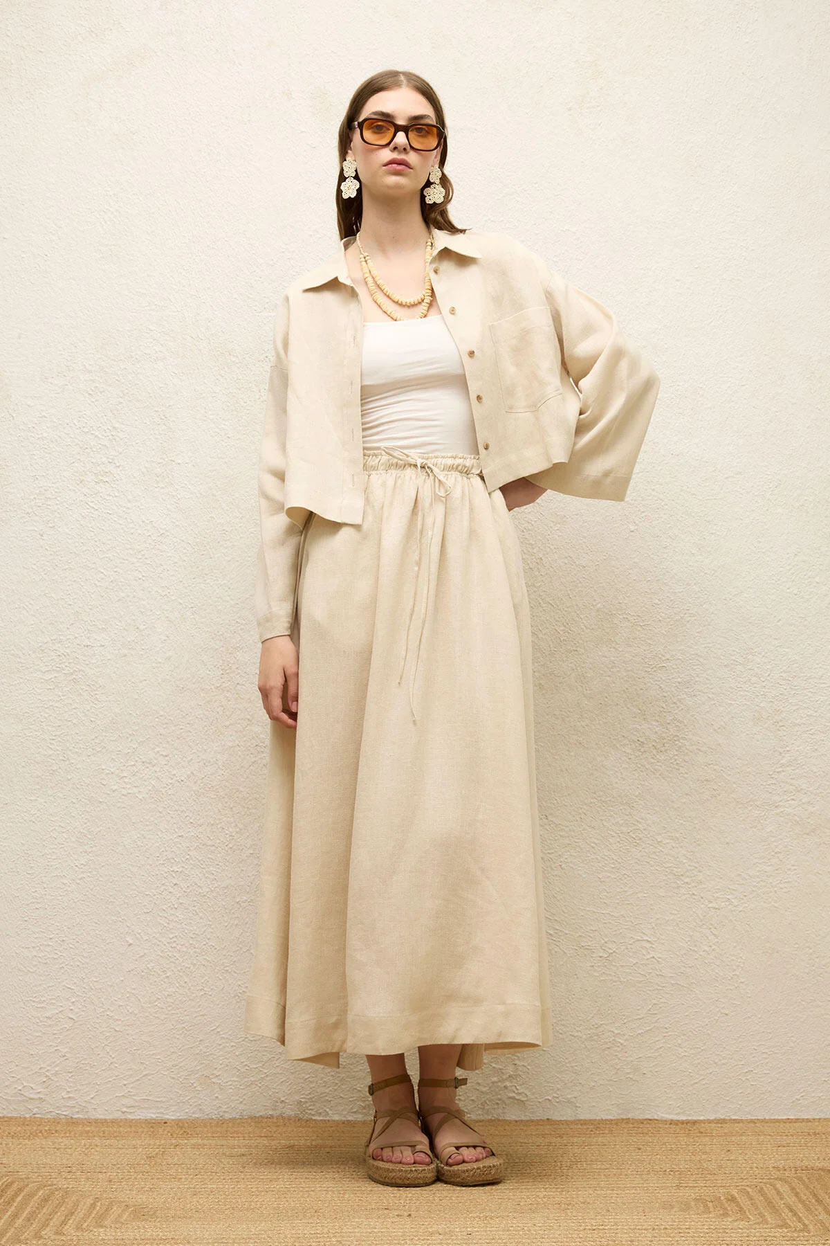Loose Fit Linen Skirt Beige - Image 2