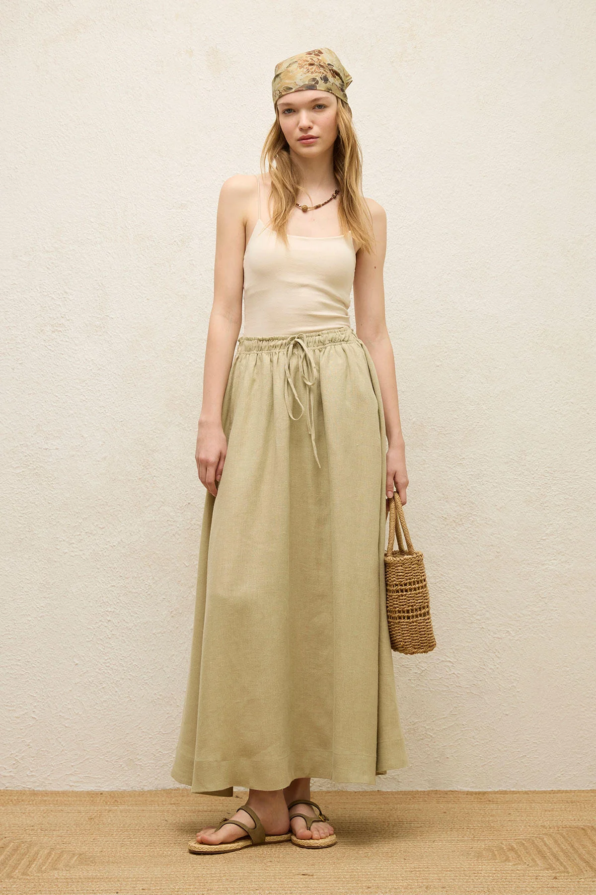 Loose Fit Linen Skirt Sage Green - Image 2