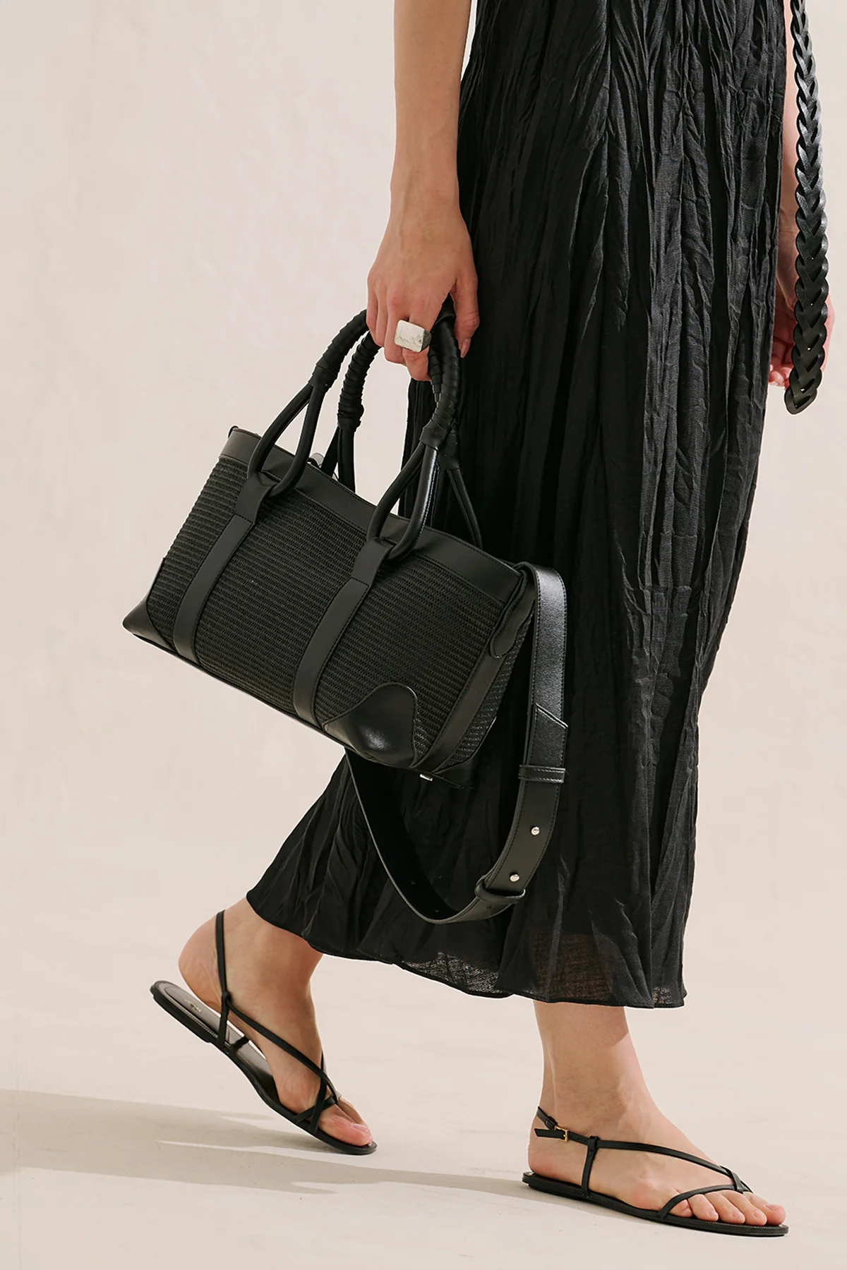 Luca Woven Handle Statement Bag Black