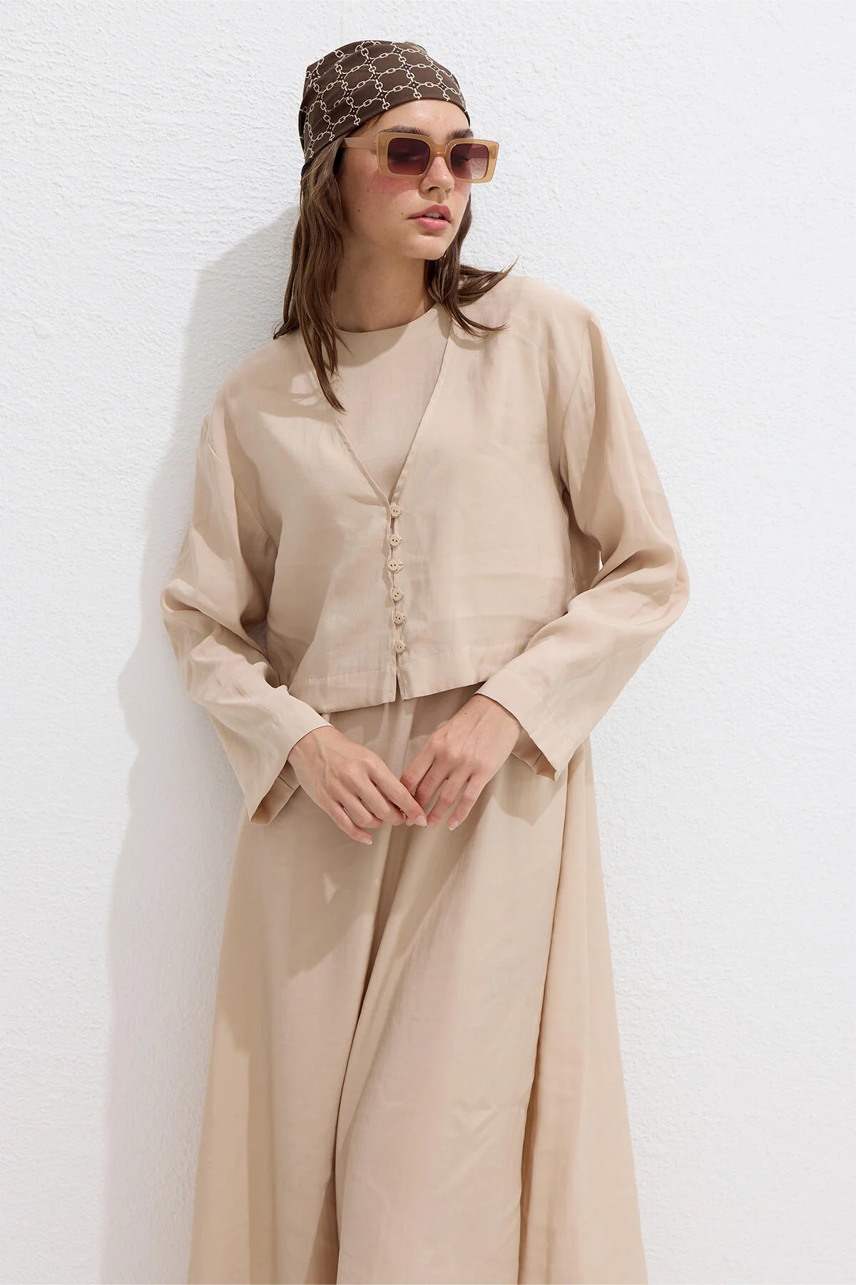Modal Button Up Blouse Beige - Image 2