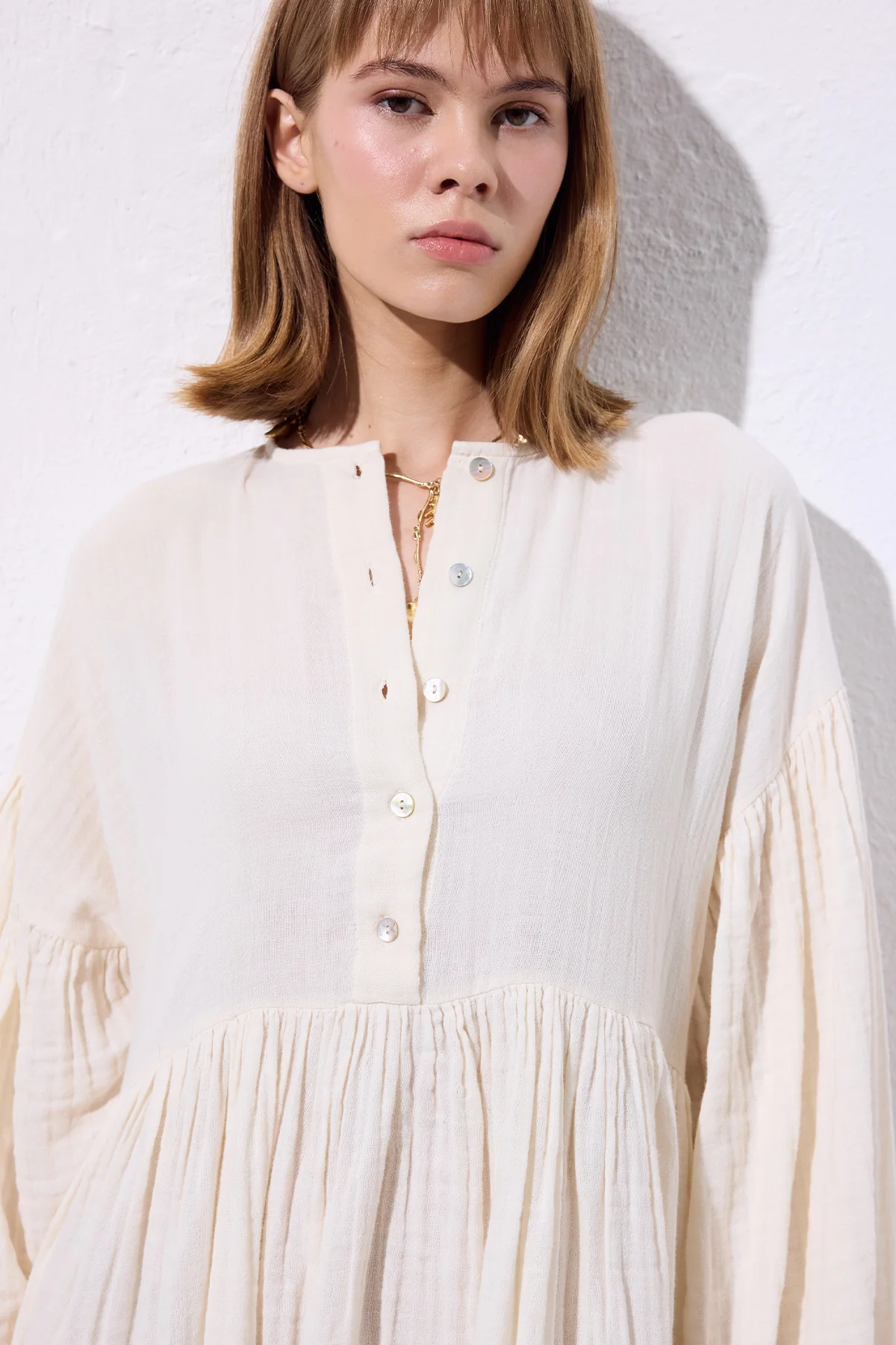 Muslin Buttoned Relaxed Dress Beige - Image 4