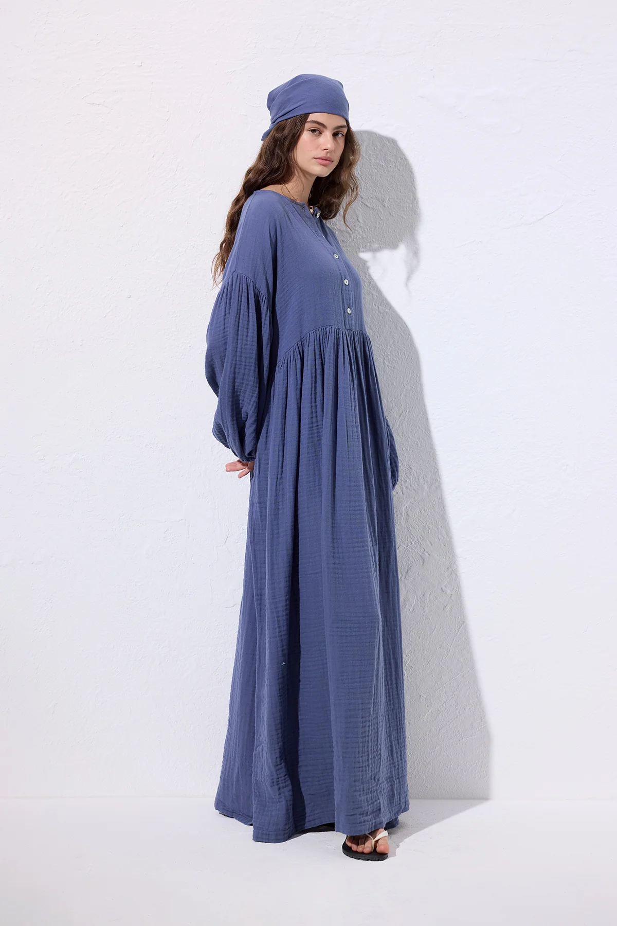 Muslin Buttoned Relaxed Dress Indigo - Image 5