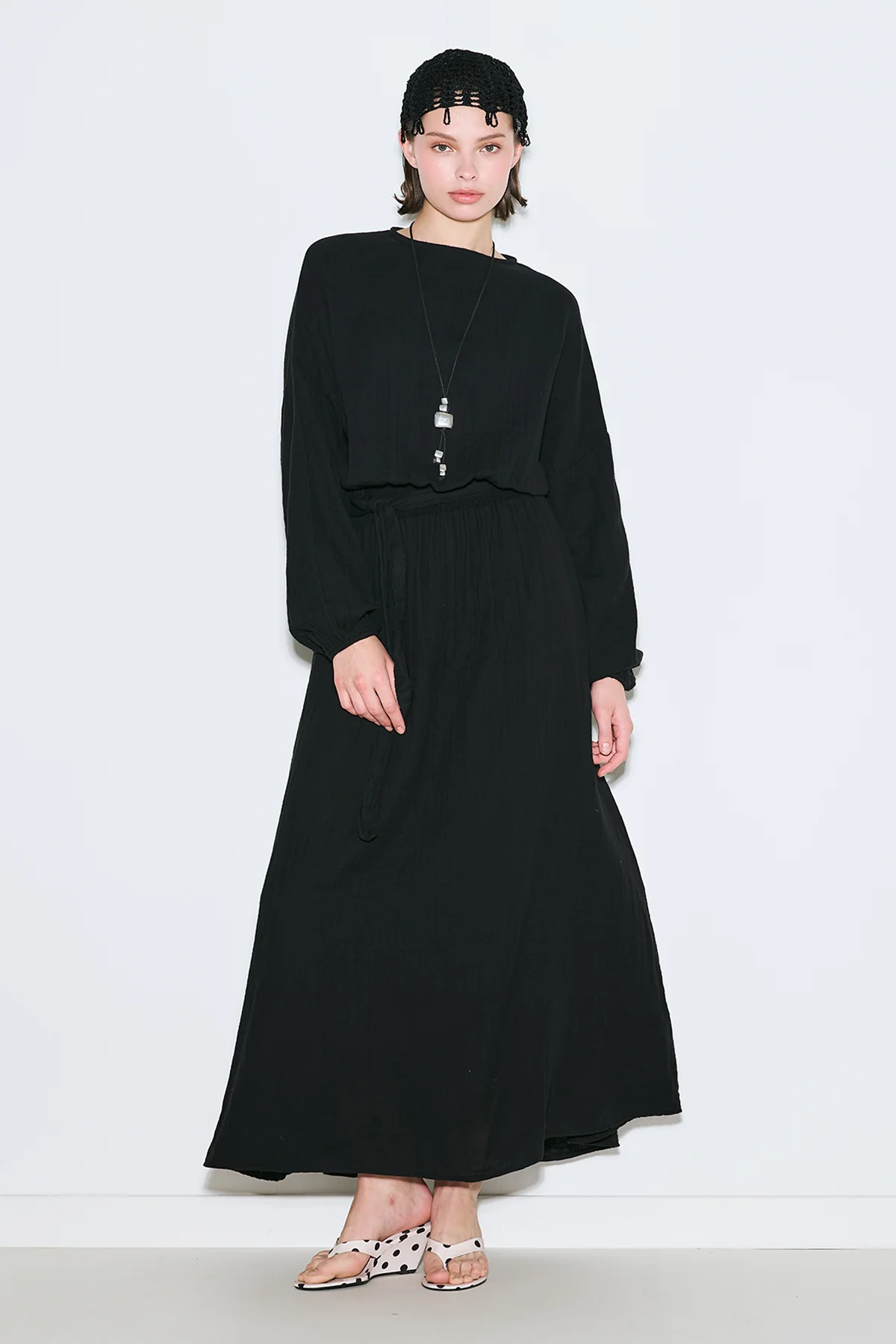 Muslin Gathered Waist Dress Black