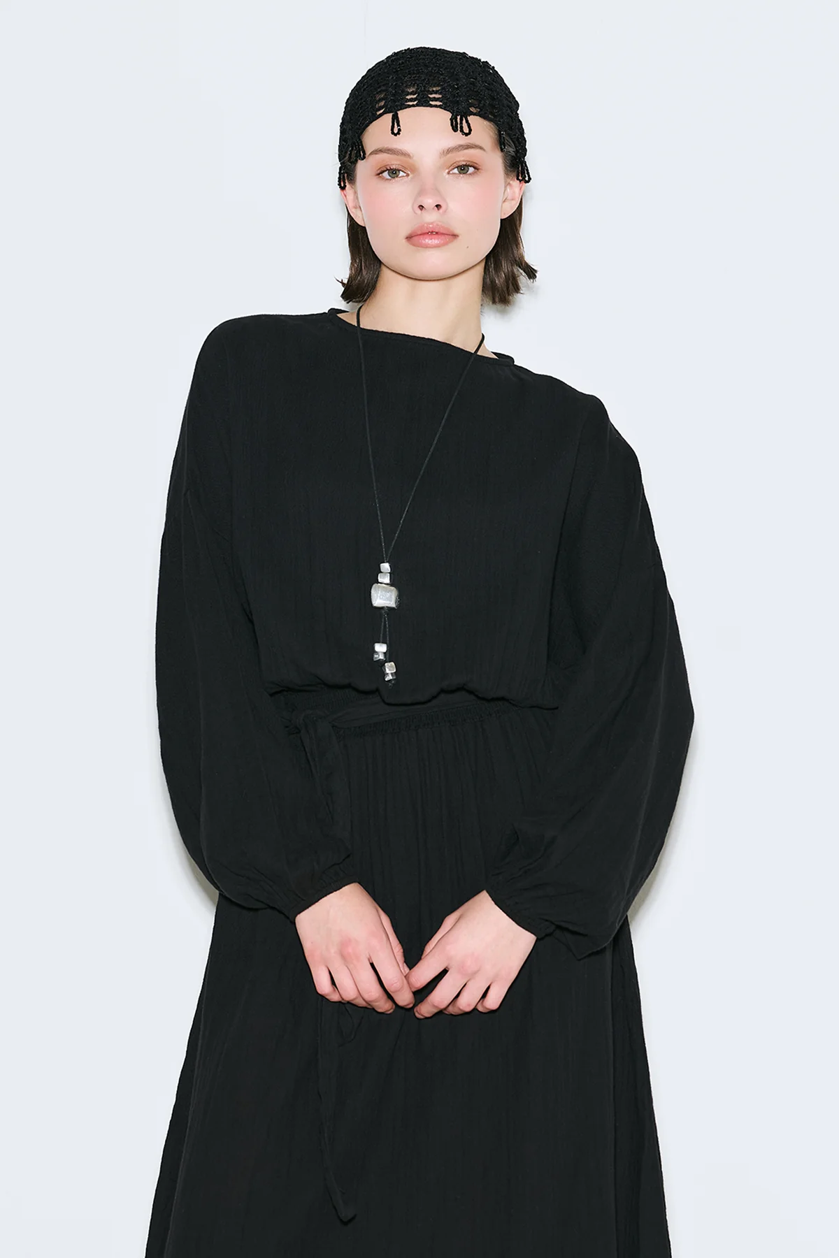 Muslin Gathered Waist Dress Black - Image 2