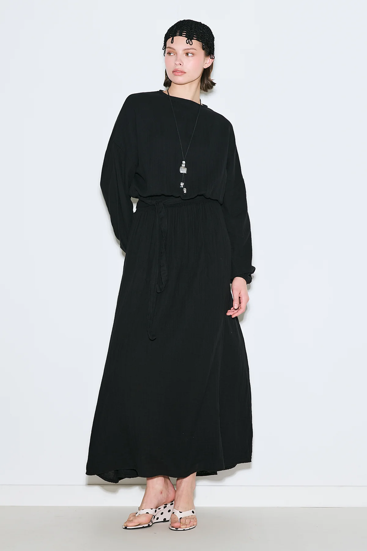 Muslin Gathered Waist Dress Black - Image 3