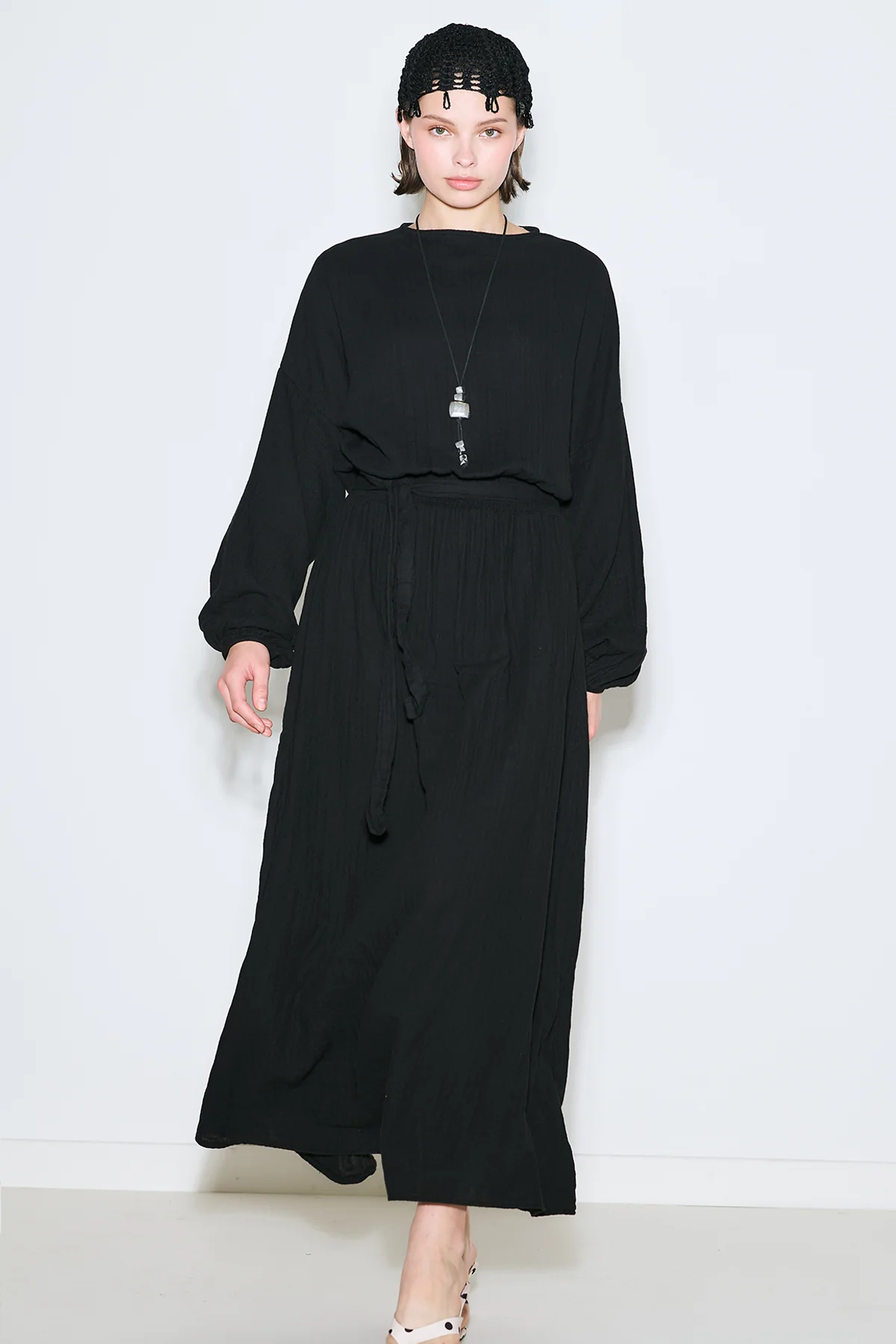 Muslin Gathered Waist Dress Black - Image 4