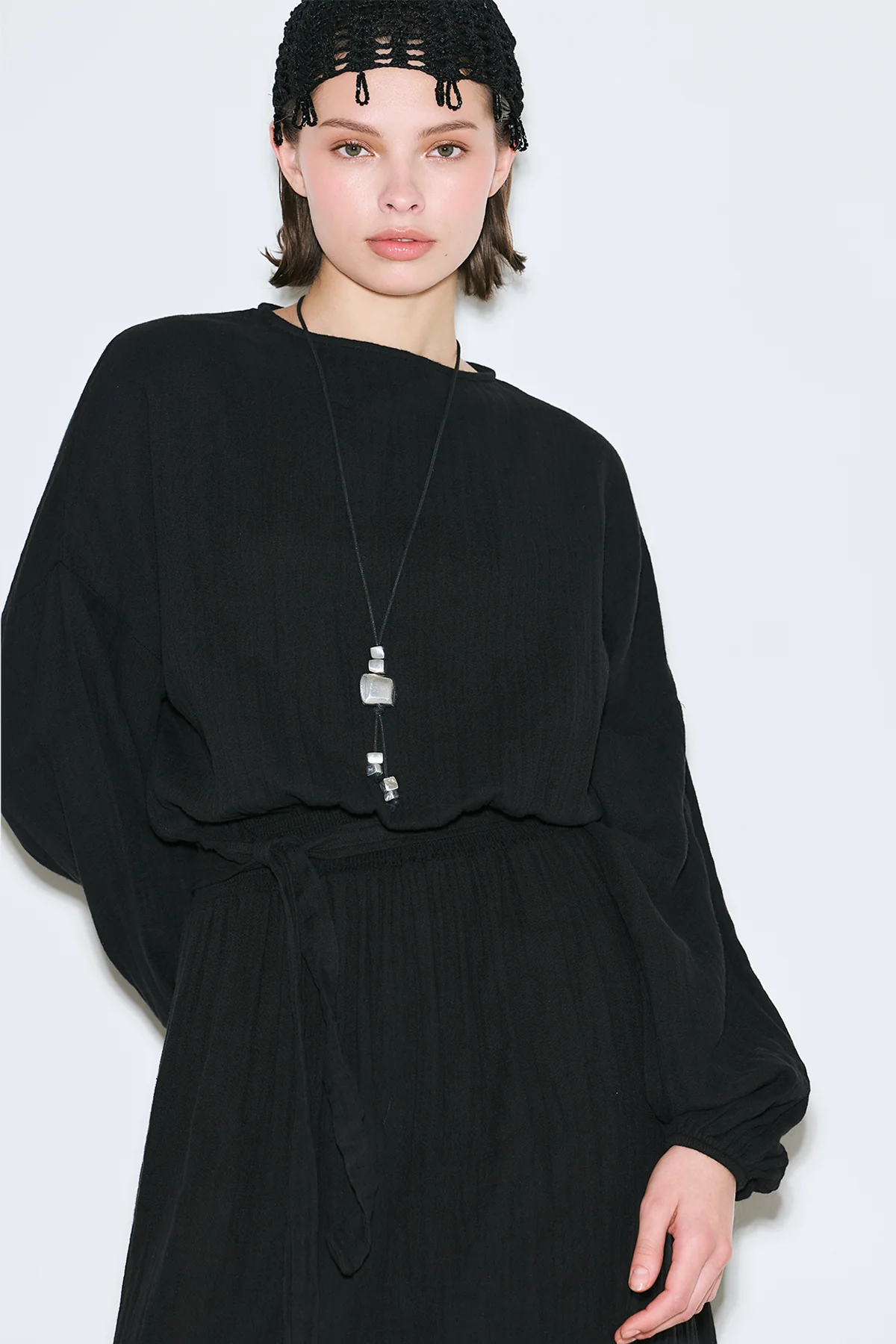 Muslin Gathered Waist Dress Black - Image 5
