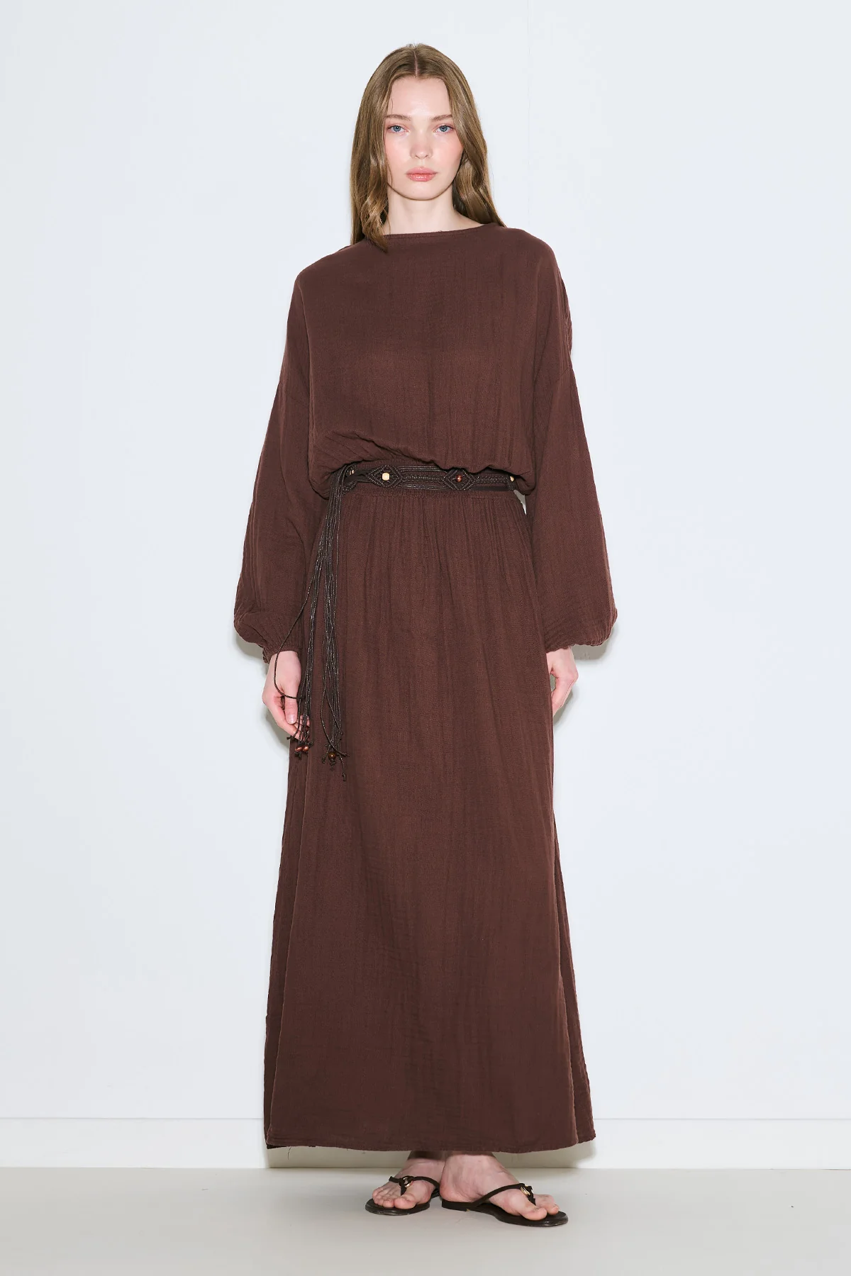 Muslin Gathered Waist Dress Brown