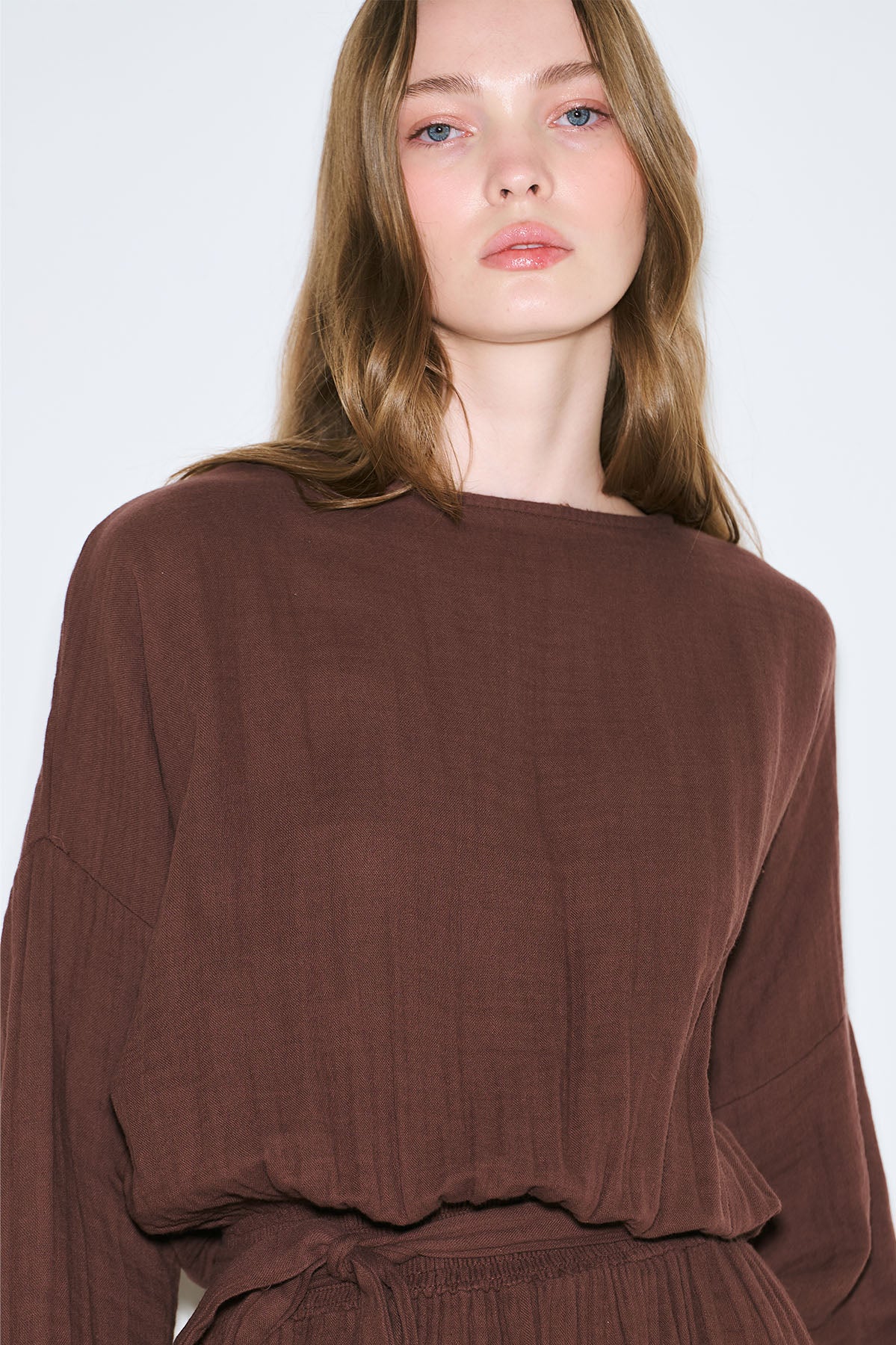 Muslin Gathered Waist Dress Brown - Image 2
