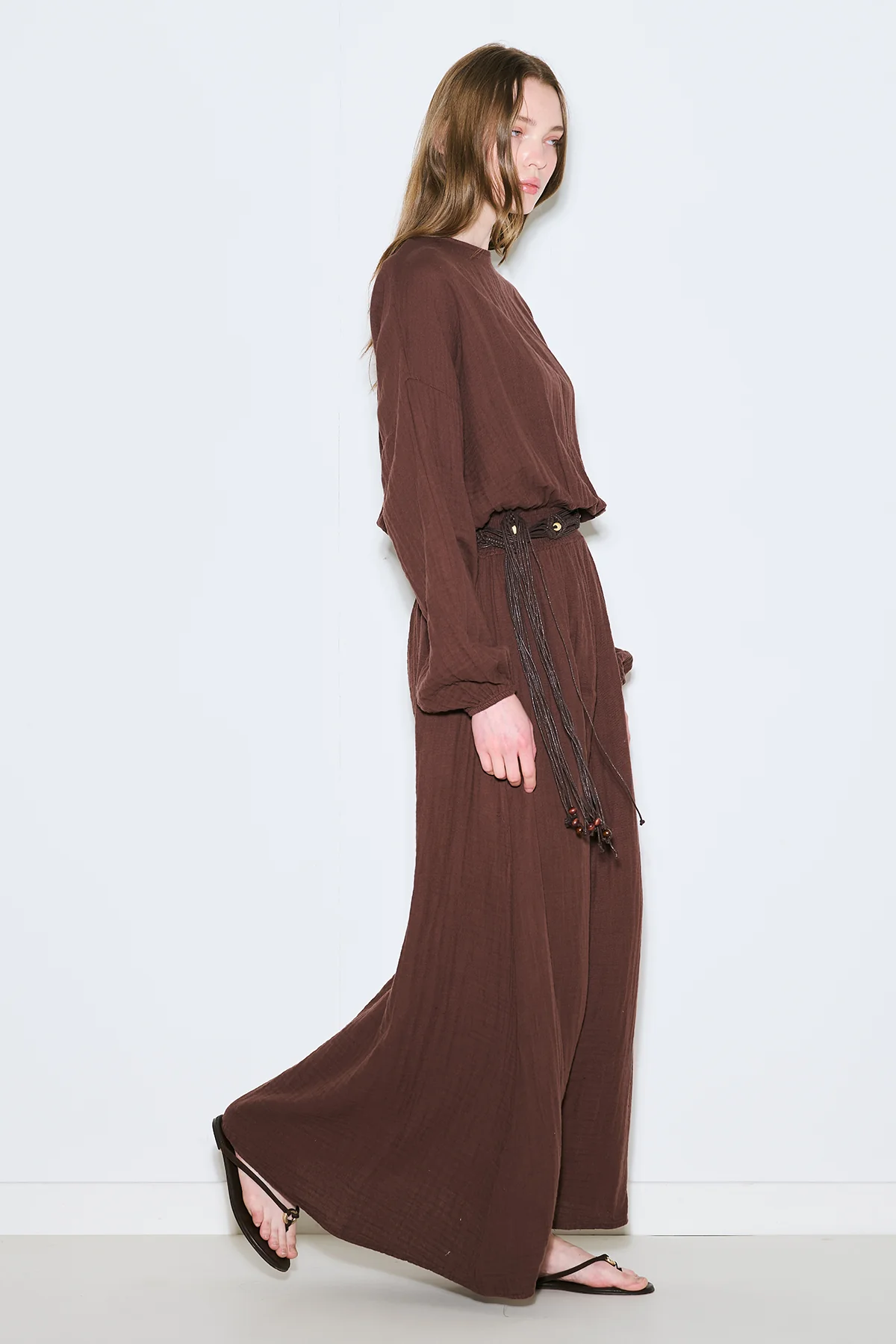 Muslin Gathered Waist Dress Brown - Image 4