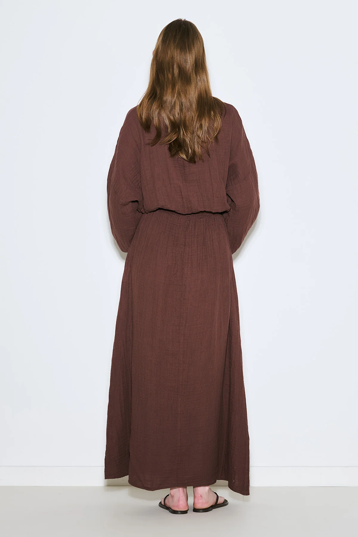 Muslin Gathered Waist Dress Brown - Image 5