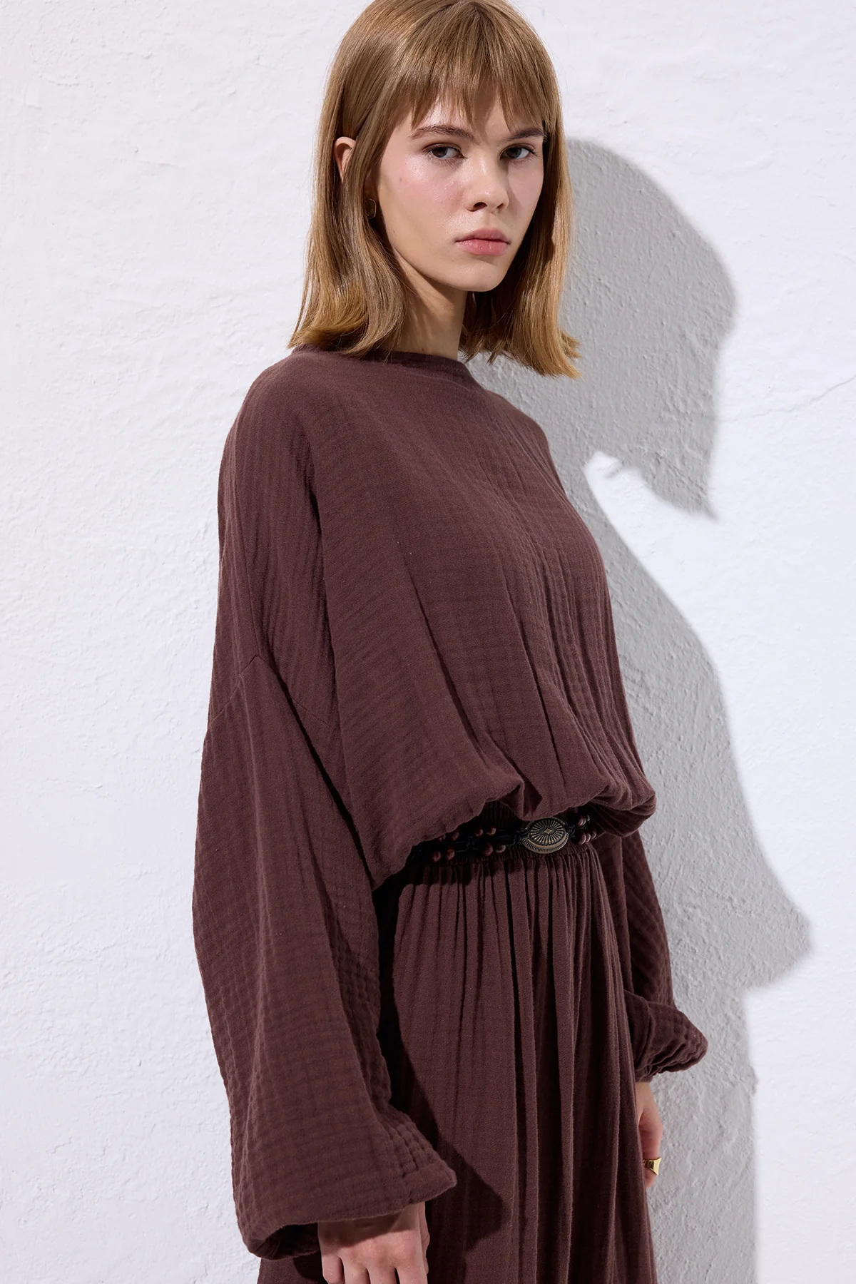 Muslin Gathered Waist Dress Brown - Image 6