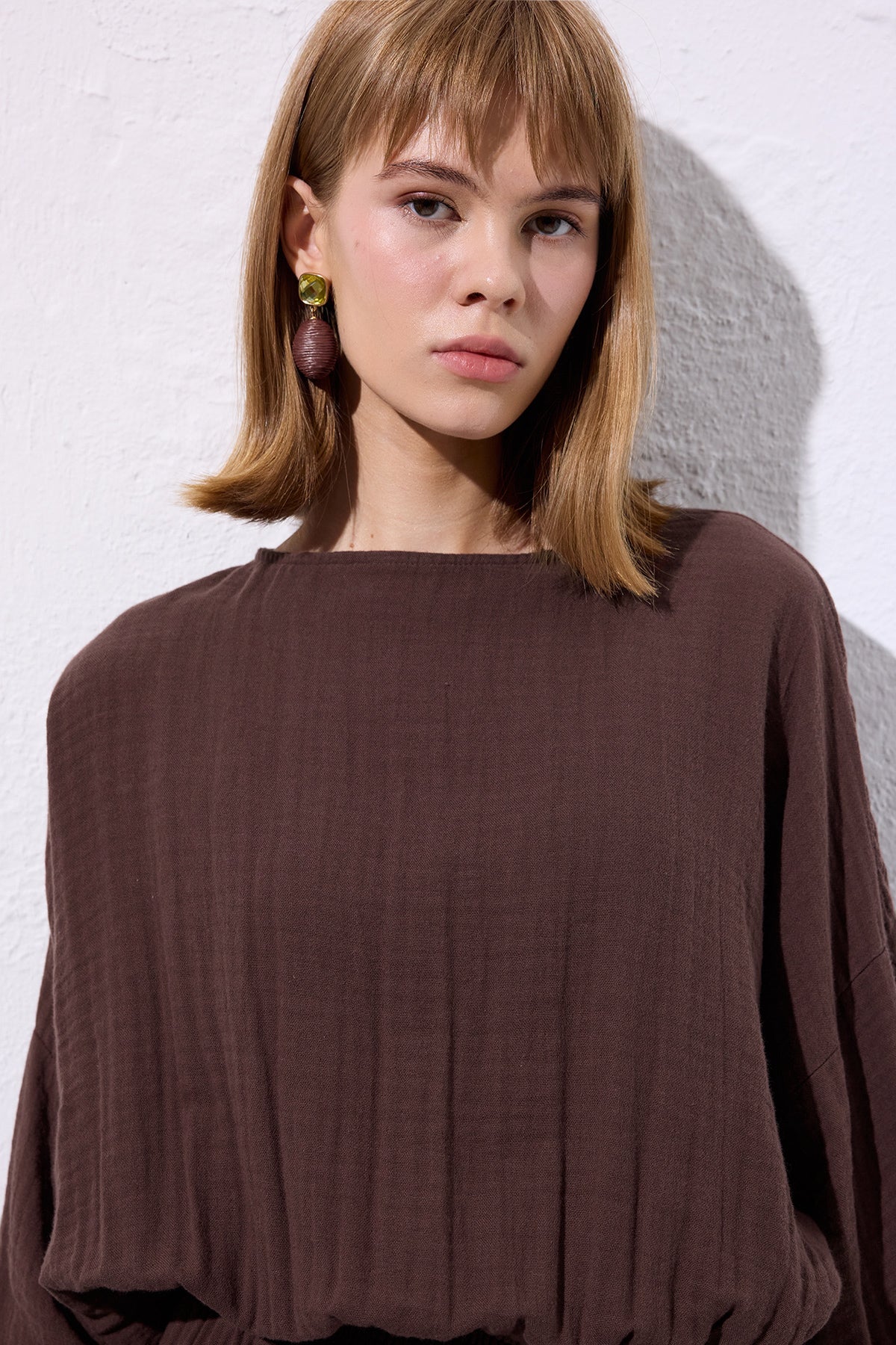 Muslin Gathered Waist Dress Brown - Image 7