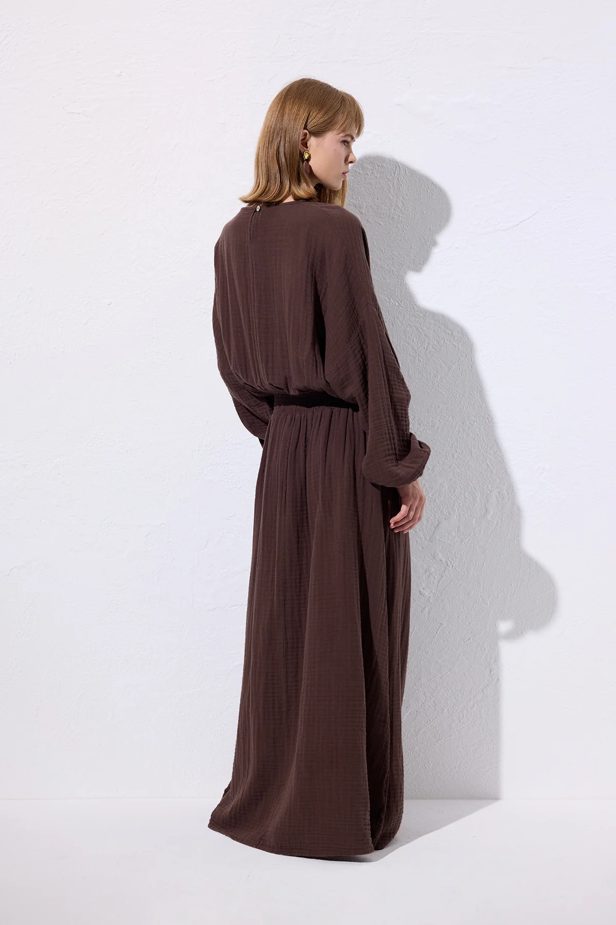 Muslin Gathered Waist Dress Brown - Image 8