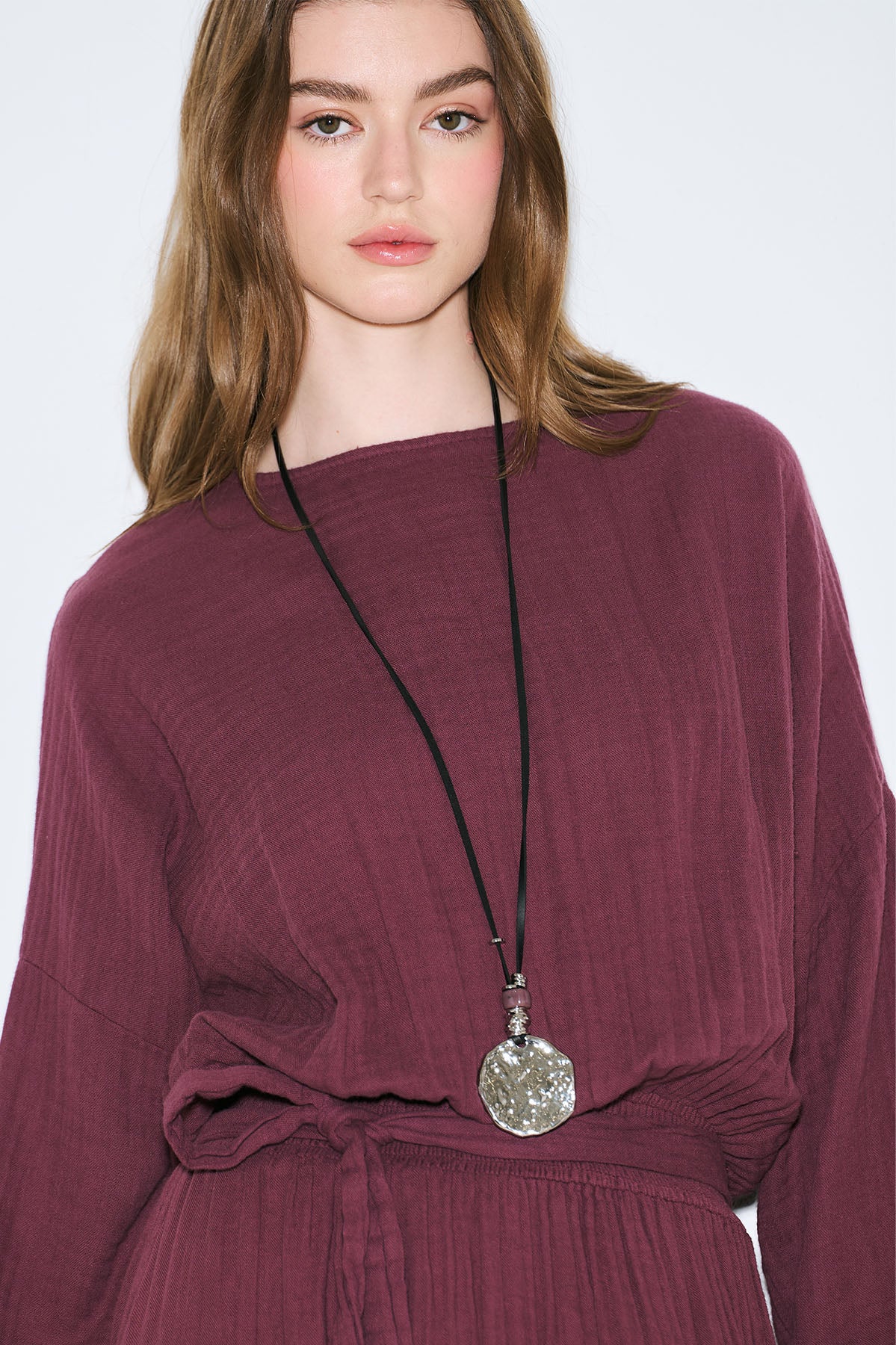 Muslin Gathered Waist Dress Damson - Image 2