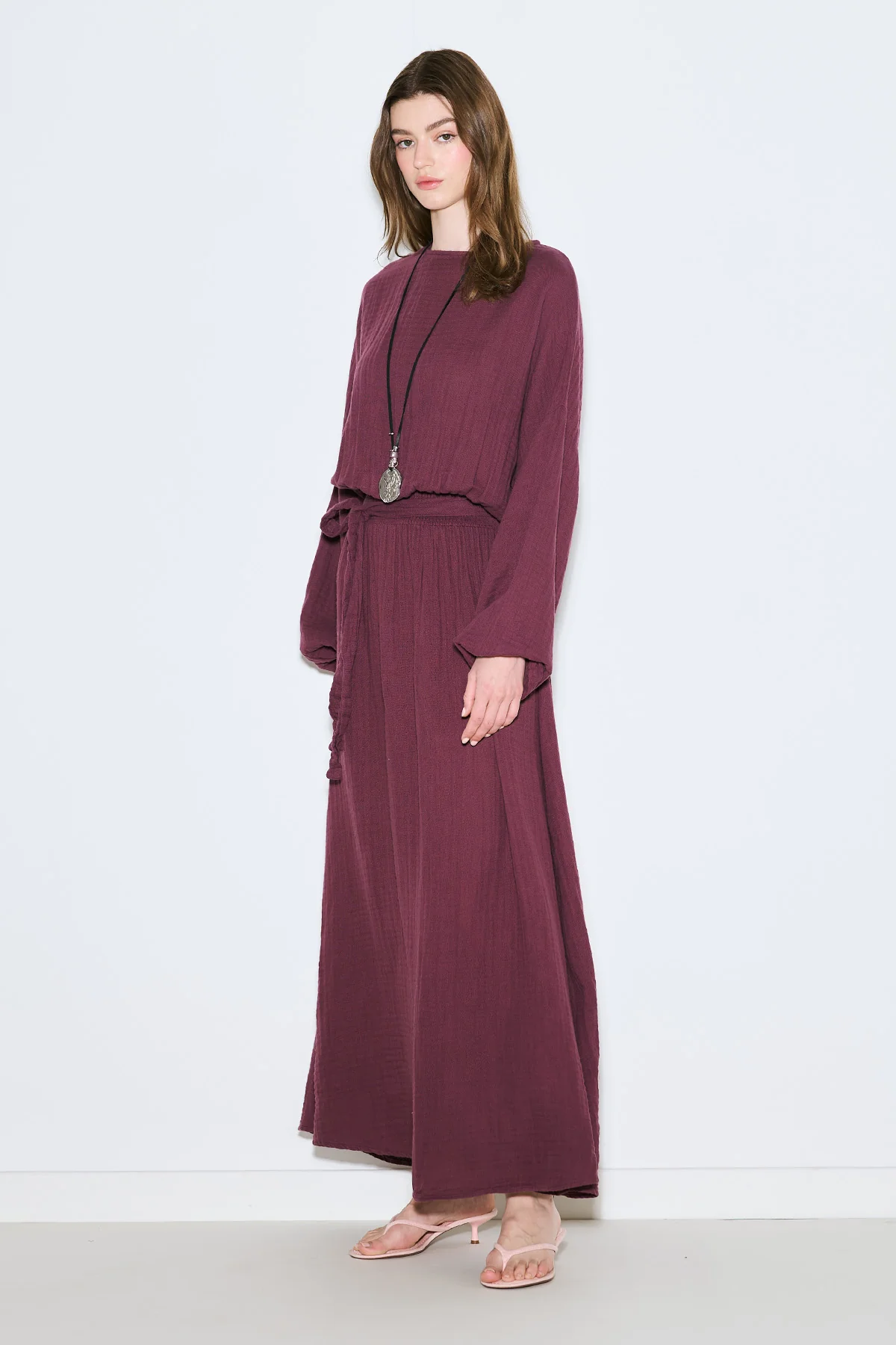 Muslin Gathered Waist Dress Damson - Image 3