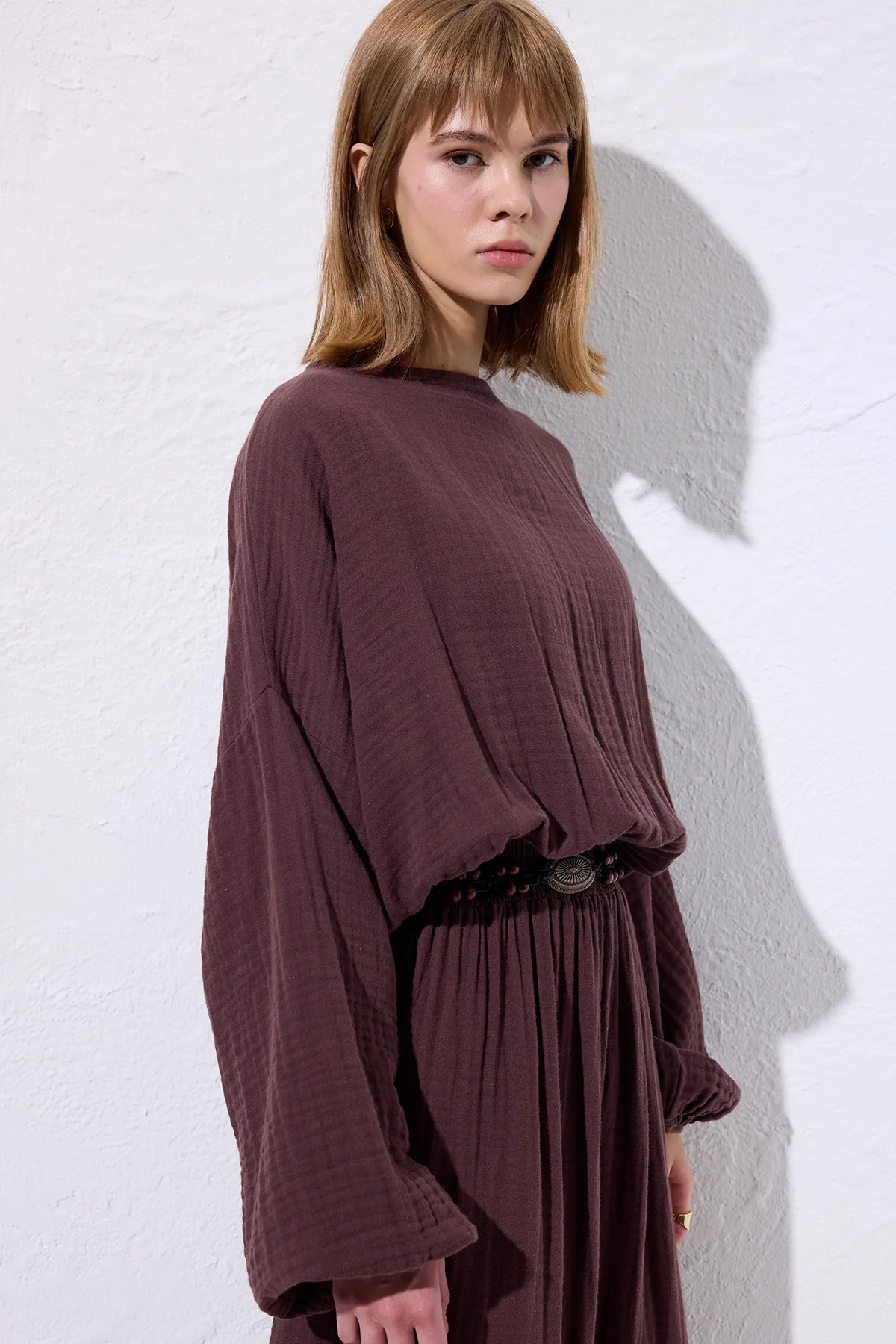 Muslin Gathered Waist Dress Damson - Image 6