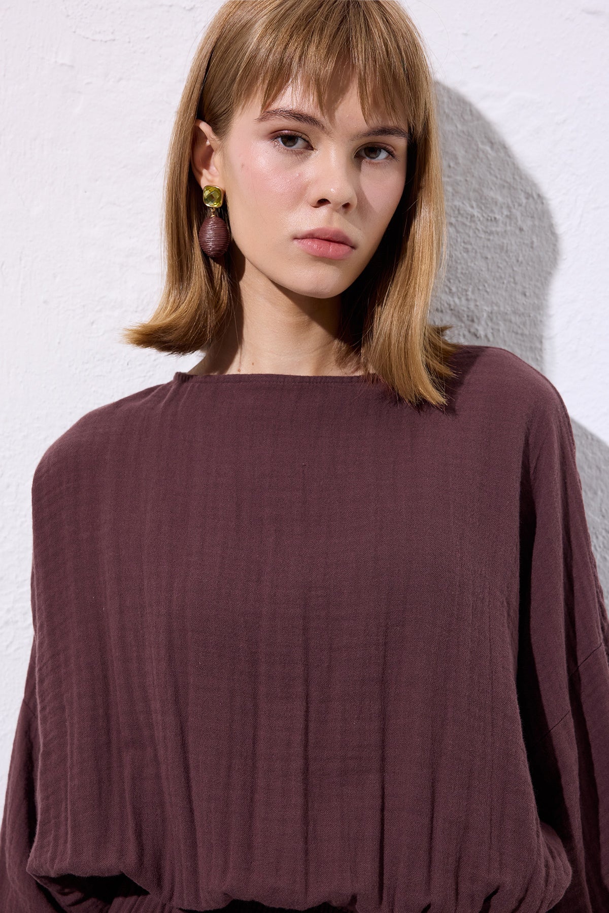 Muslin Gathered Waist Dress Damson - Image 7