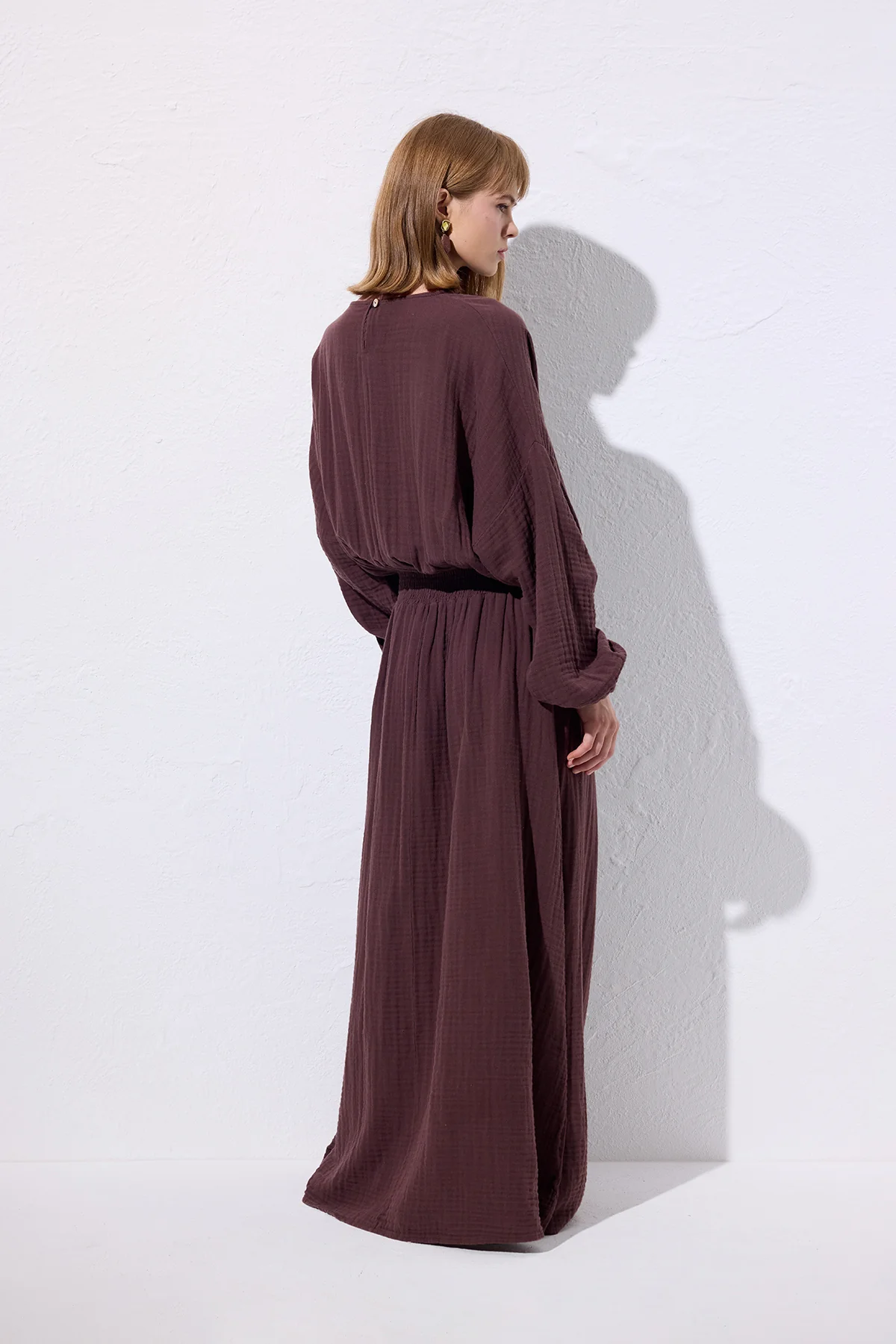 Muslin Gathered Waist Dress Damson - Image 8