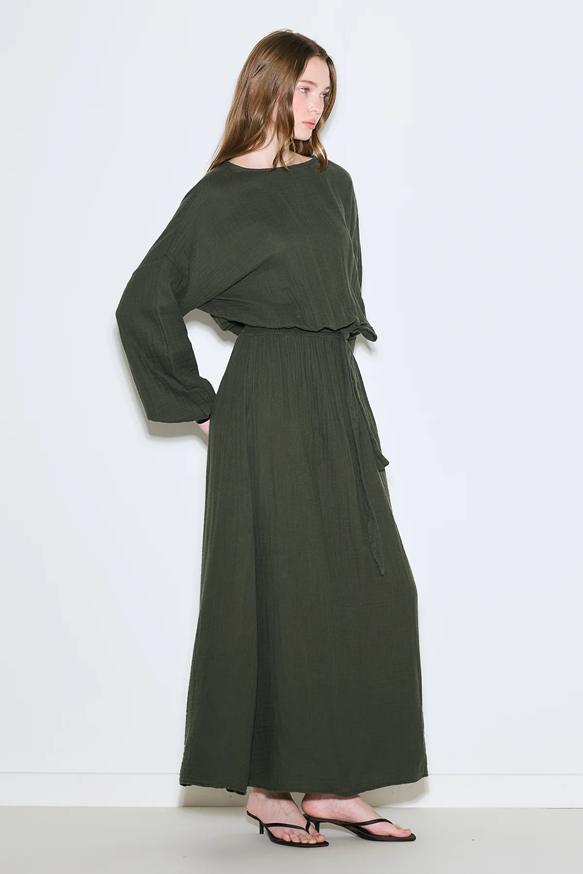 Muslin Gathered Waist Dress Dark Green