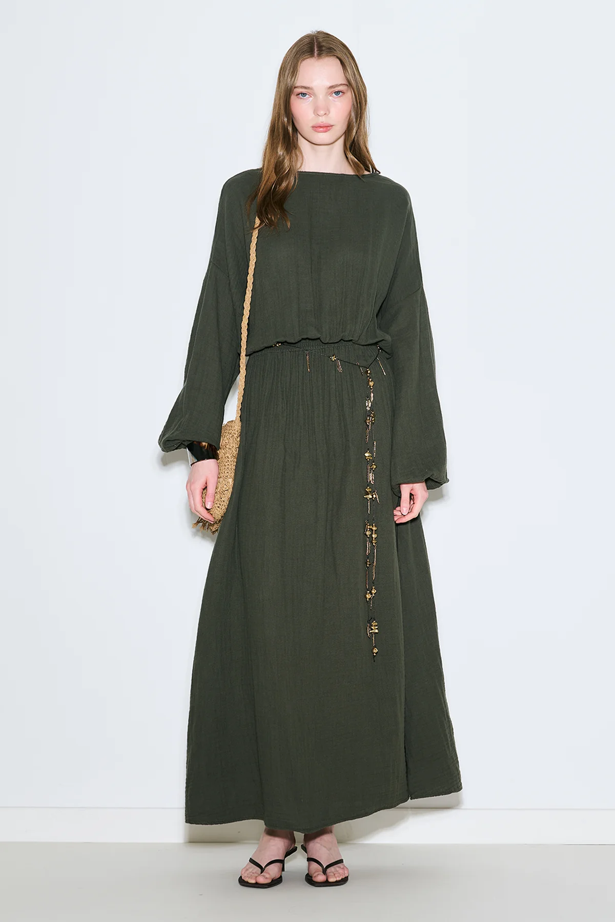 Muslin Gathered Waist Dress Dark Green - Image 2
