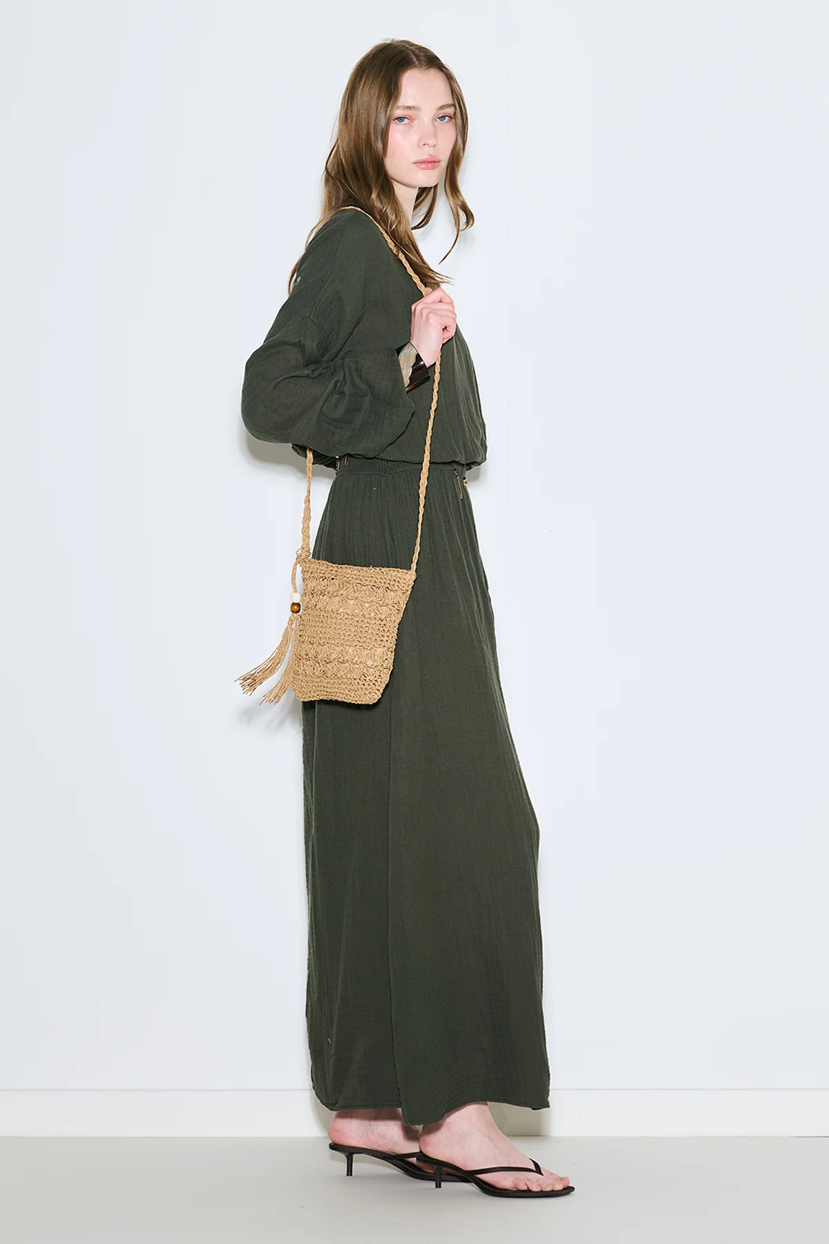 Muslin Gathered Waist Dress Dark Green - Image 3