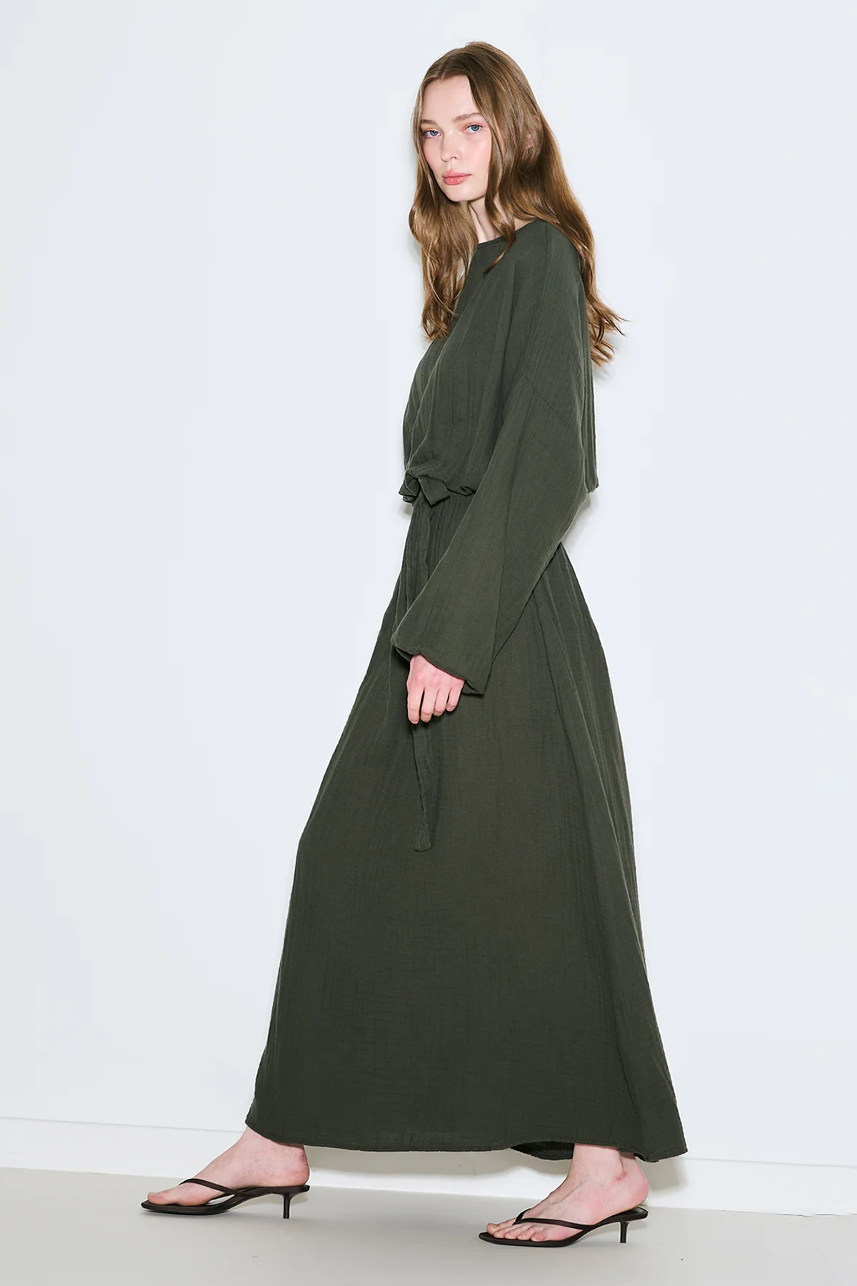Muslin Gathered Waist Dress Dark Green - Image 4