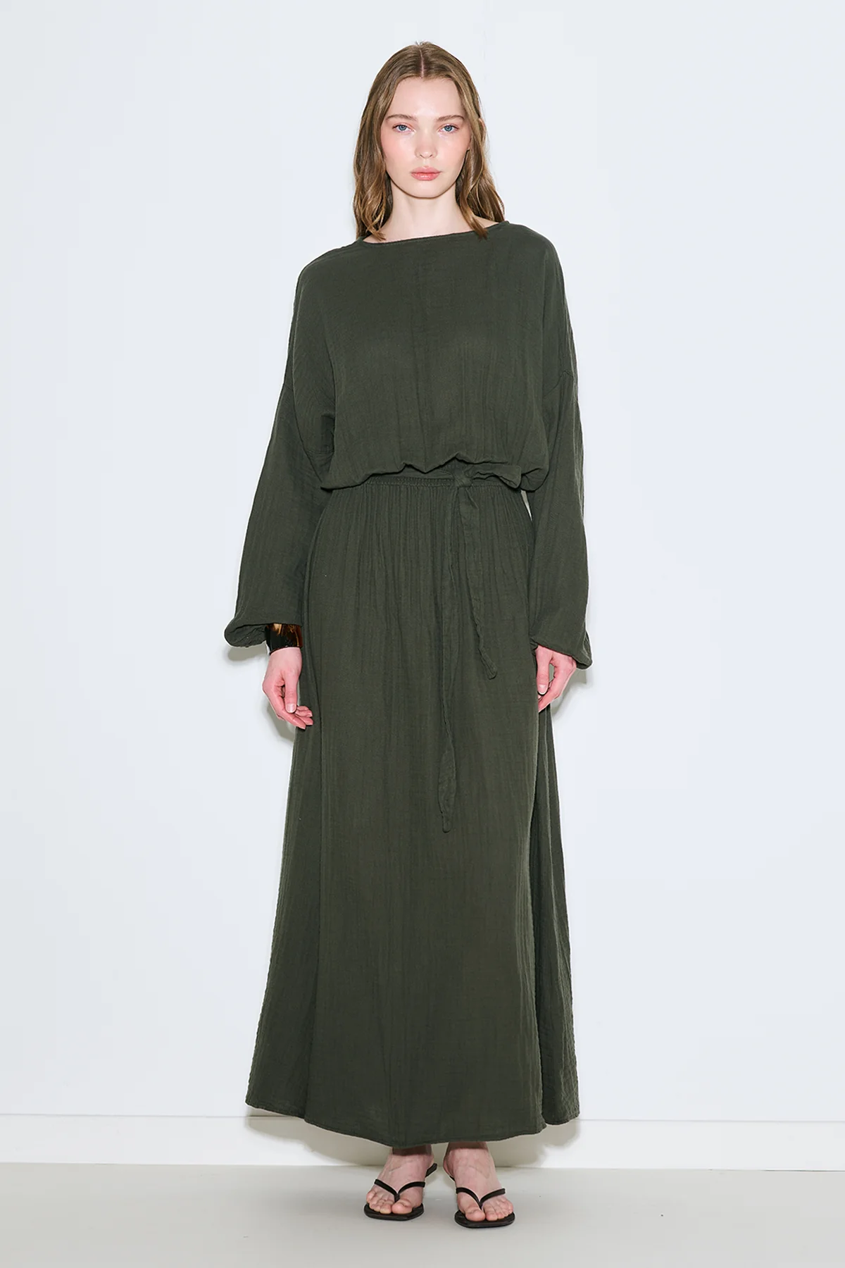 Muslin Gathered Waist Dress Dark Green - Image 5