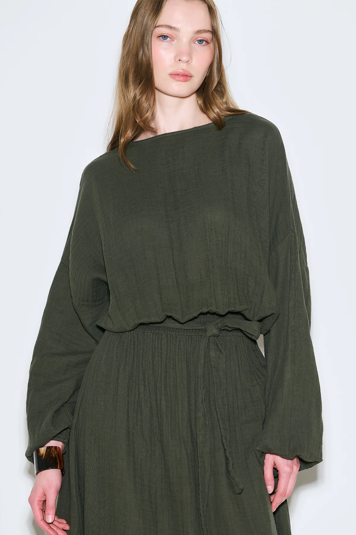 Muslin Gathered Waist Dress Dark Green - Image 6