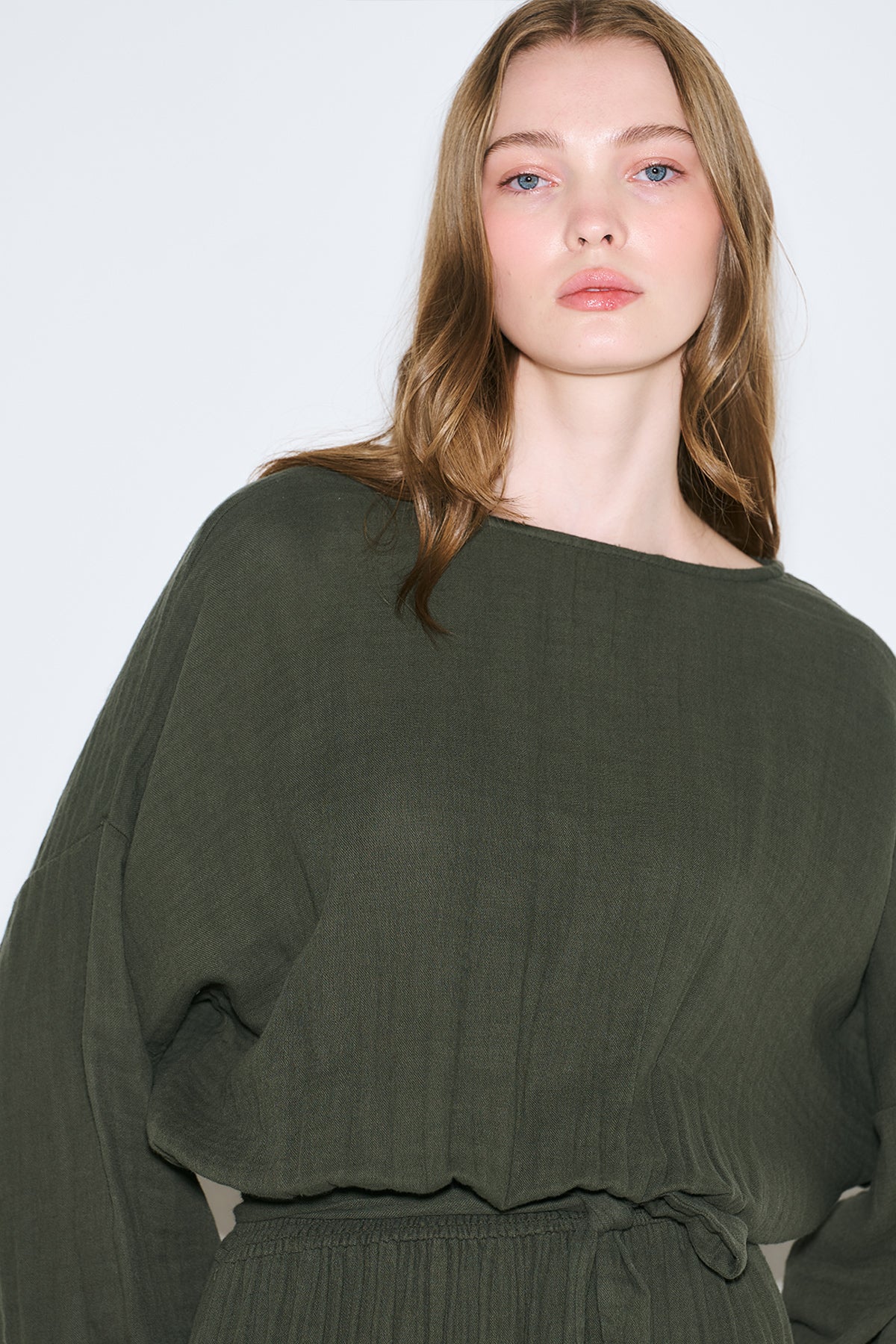 Muslin Gathered Waist Dress Dark Green - Image 7