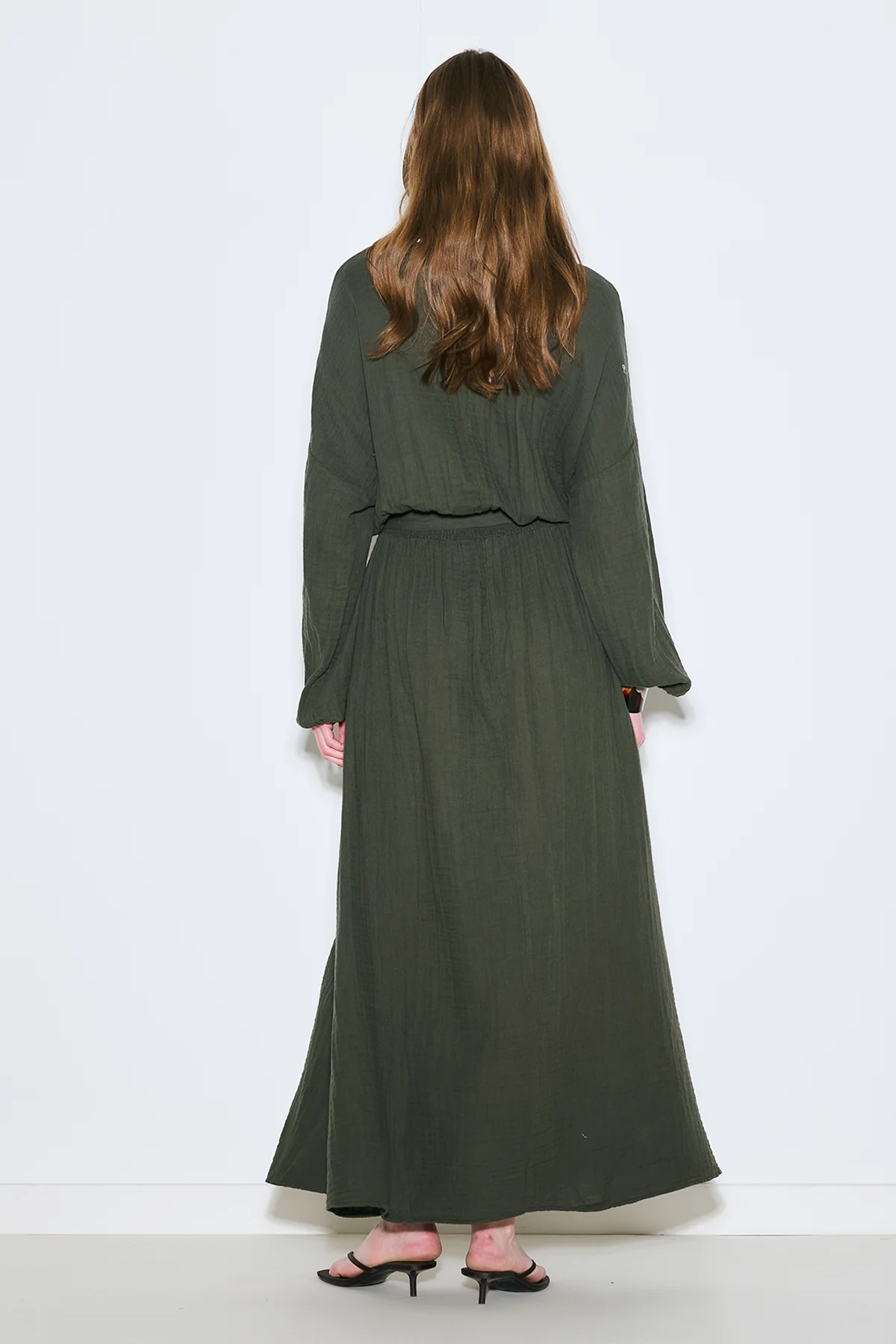 Muslin Gathered Waist Dress Dark Green - Image 8
